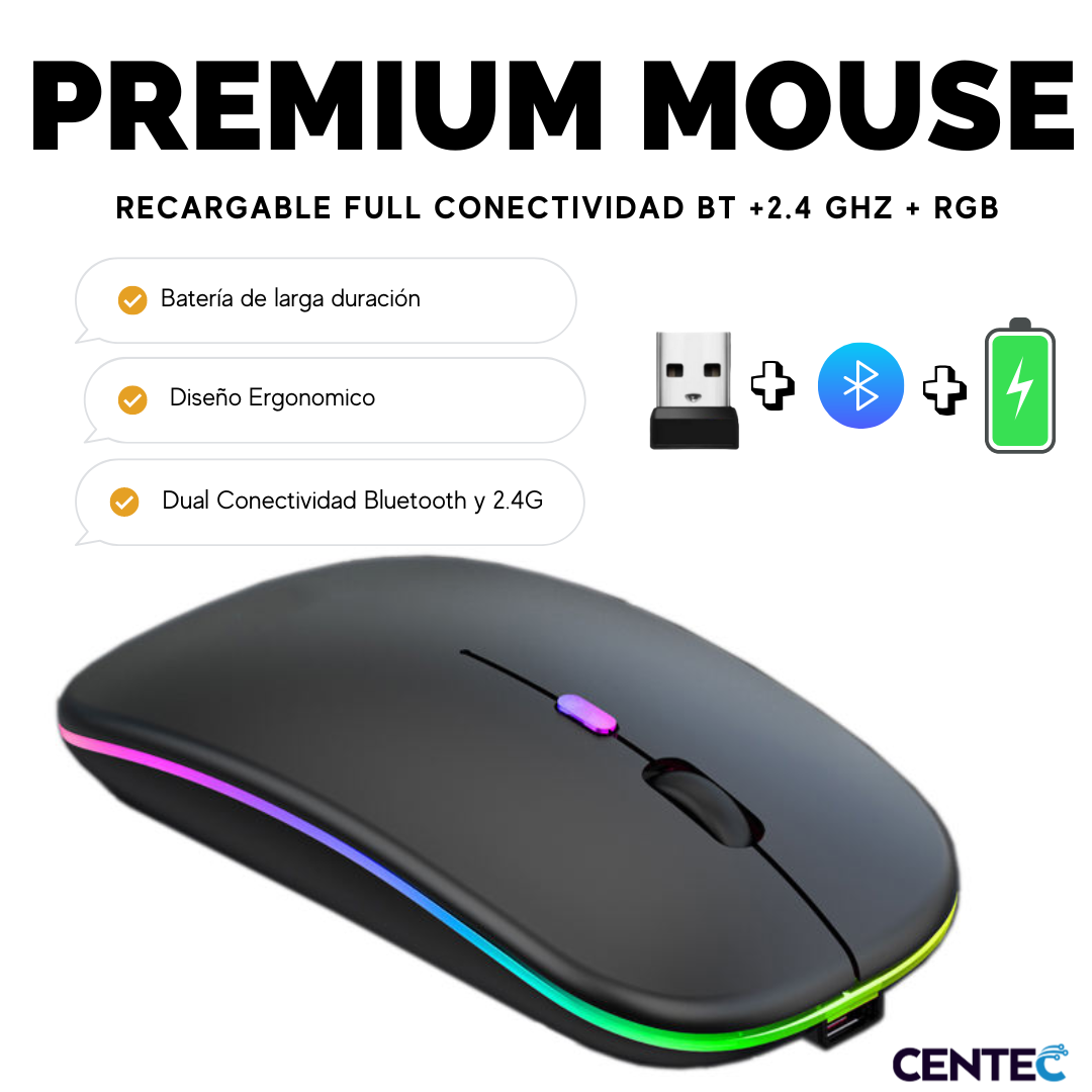 Mouse Inalámbrico Dual Bluetooth + USB 2G Recargable RGB BK