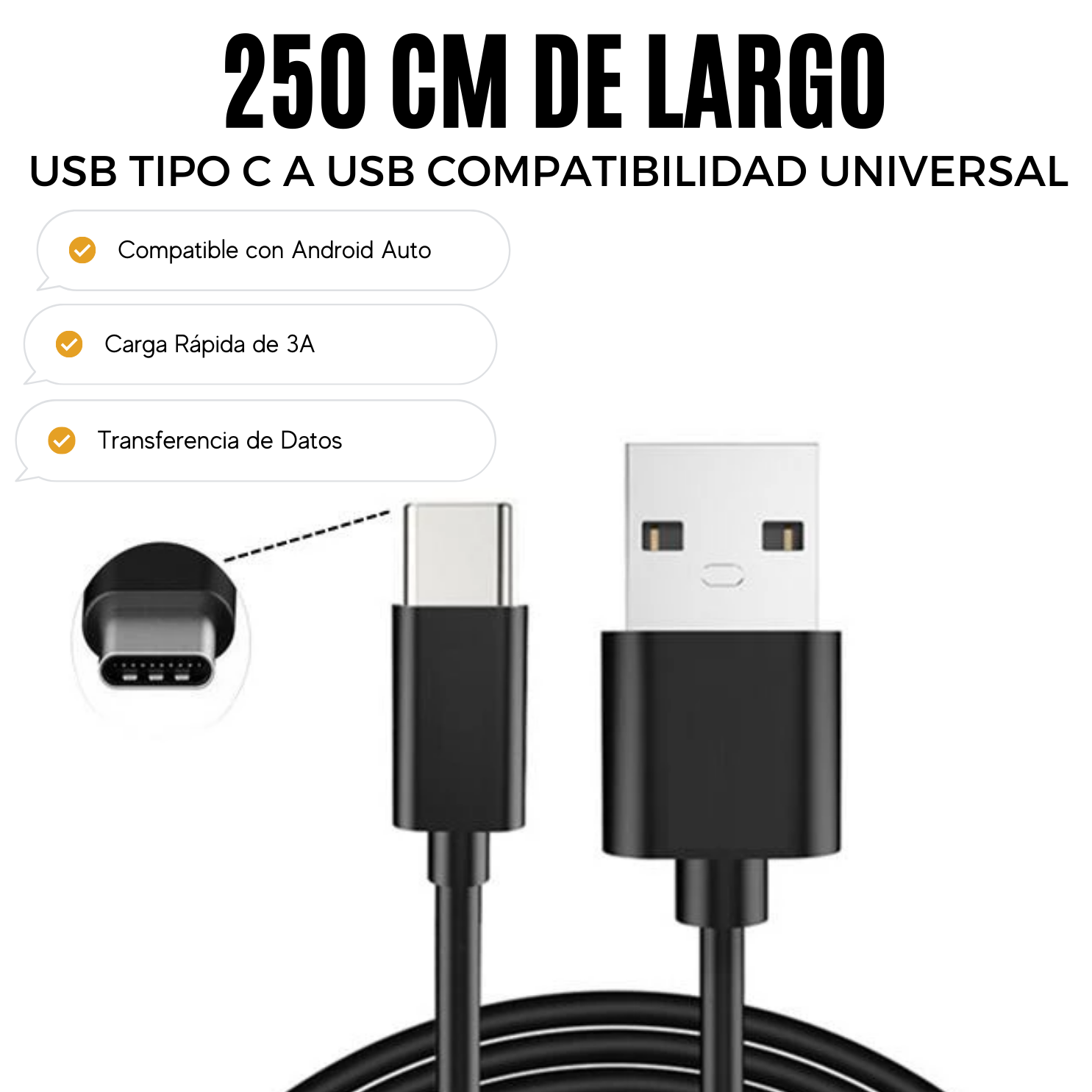 Cable De Datos USB-C a USB-A Multiplataformas 2.5 Metros 3A
