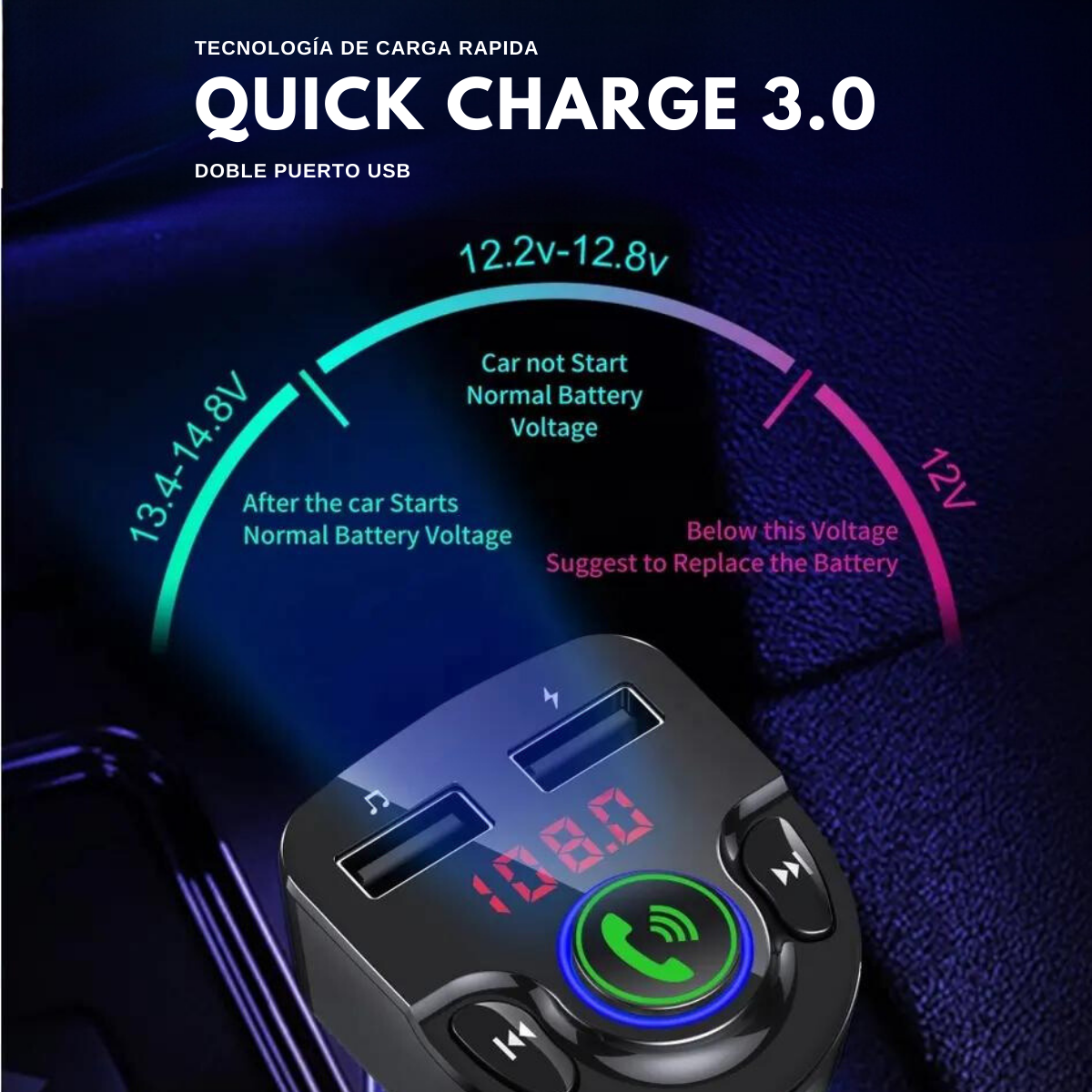 Transmisor FM para Auto BT + Manos Libres + Cargador 3A/ MP3