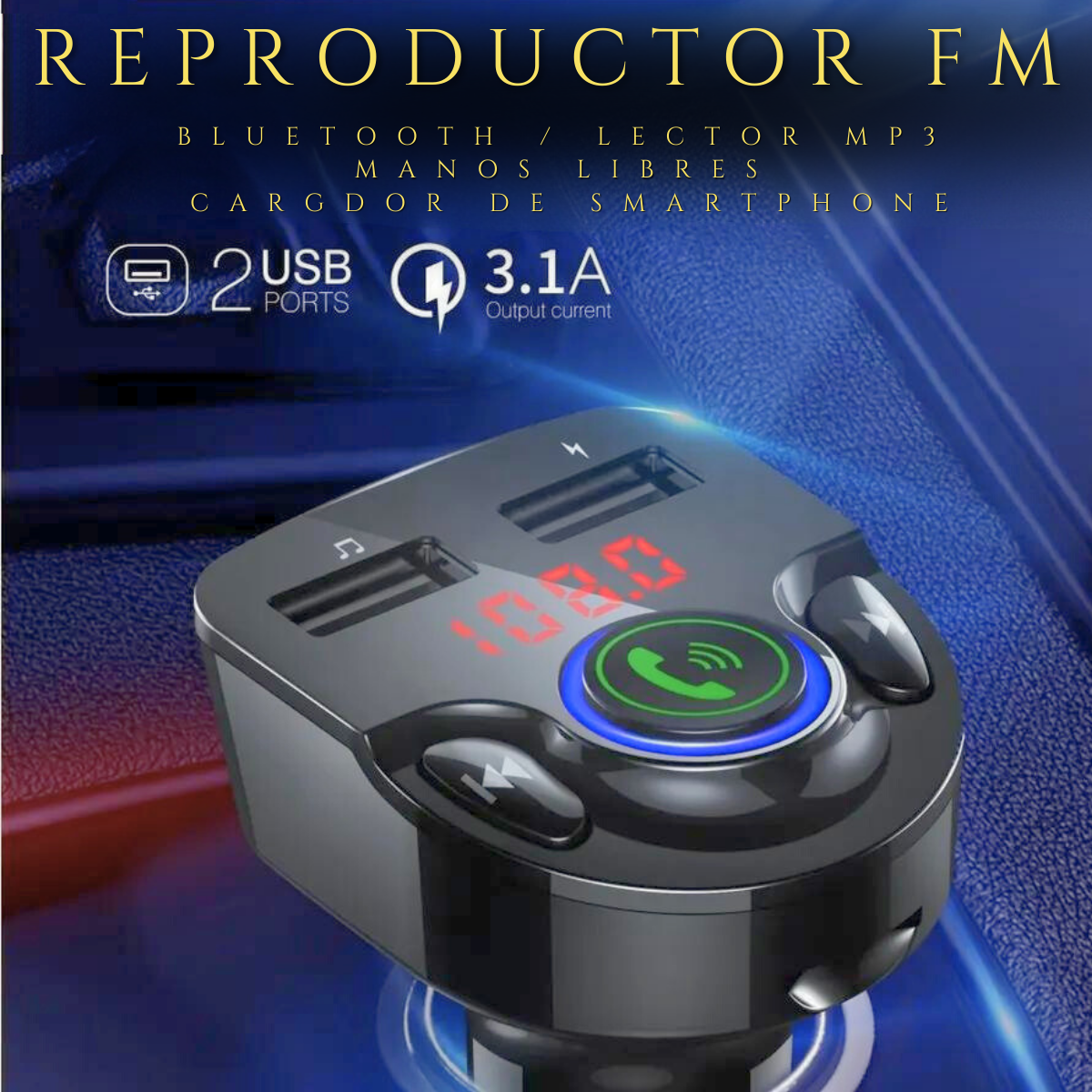 Transmisor FM para Auto BT + Manos Libres + Cargador 3A/ MP3