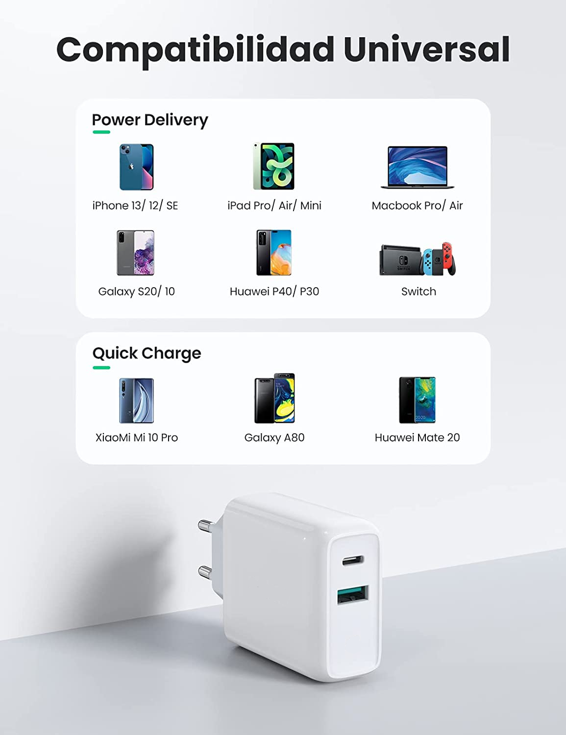Cargador Pared USB C Ultra Rápido 36W Power Delivery + USB