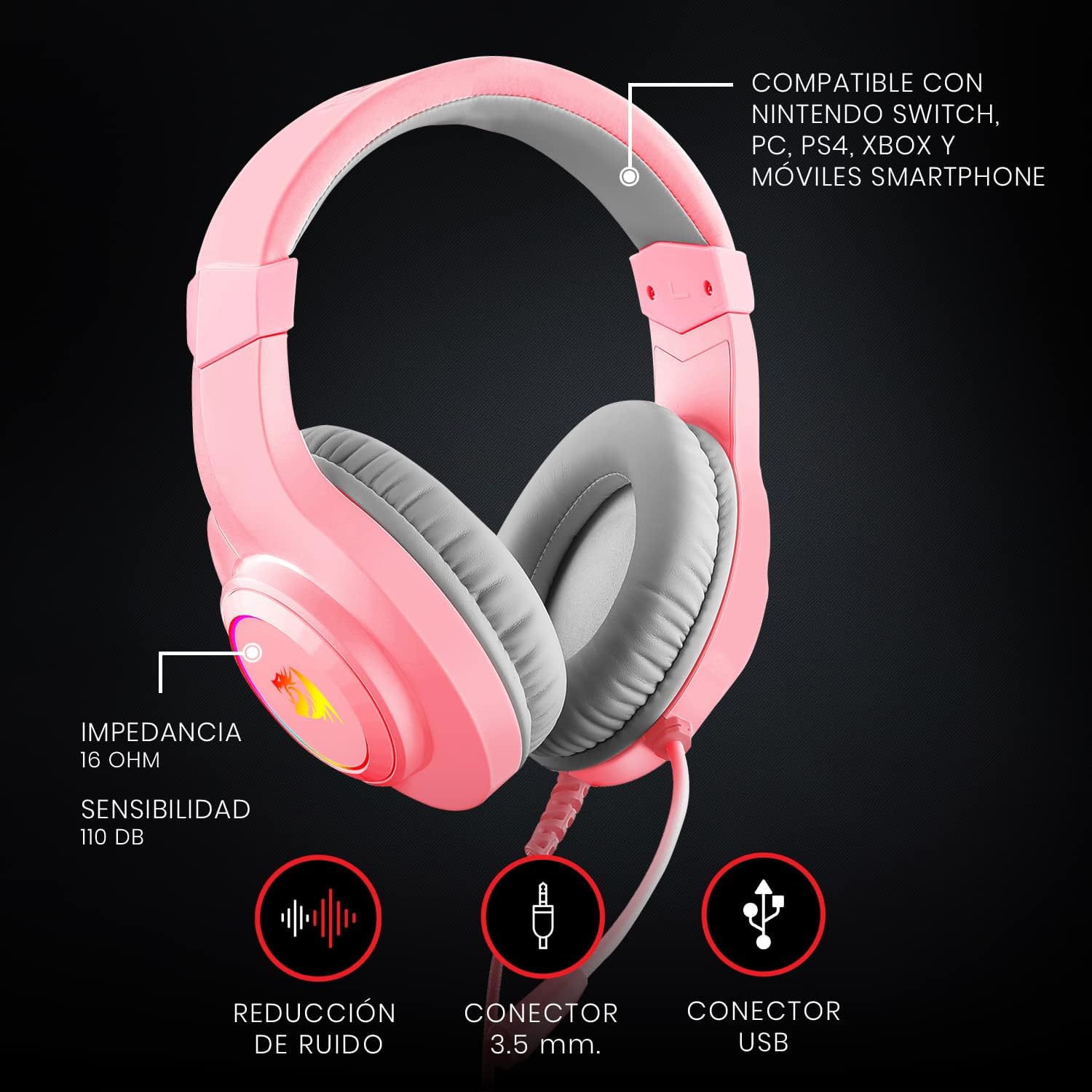 Audífonos Gamer Rosados Multiplataforma Redragon Hylas H260P