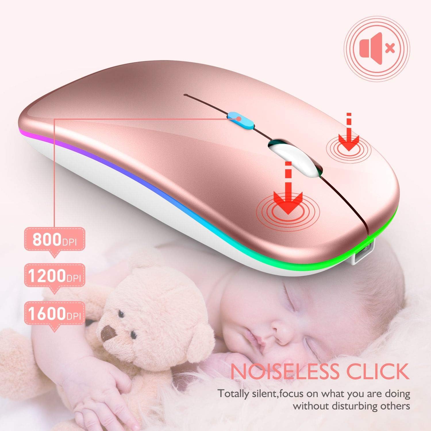 Mouse Dual Inalámbrico Rosado Recargable Bluetooth + USB 2G