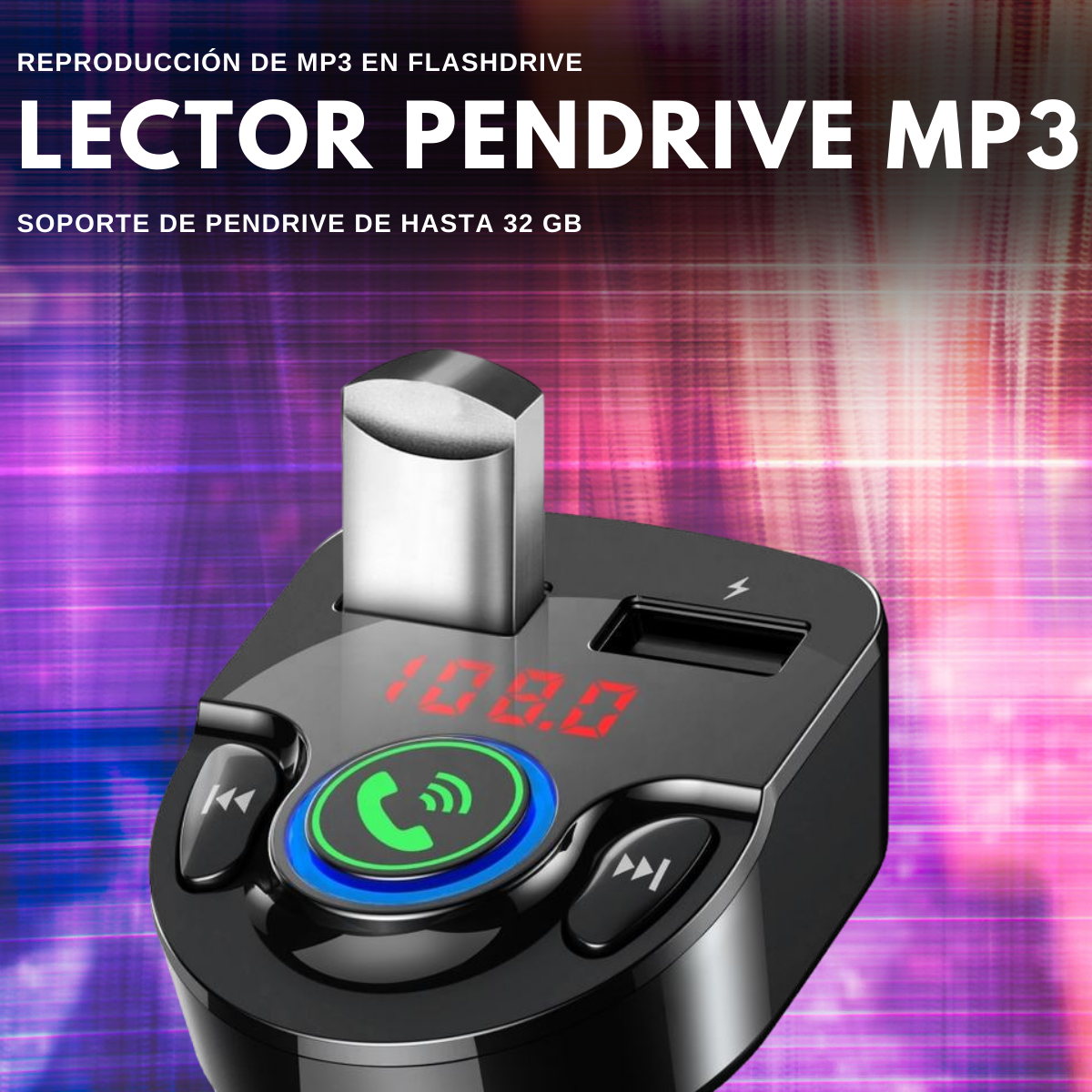 Transmisor FM para Auto BT + Manos Libres + Cargador 3A/ MP3
