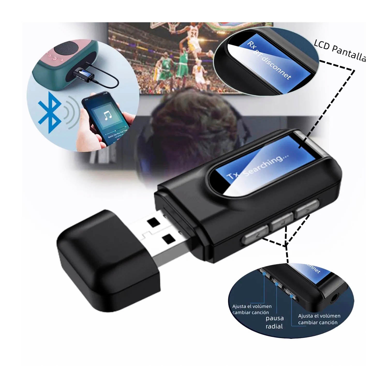 Transmisor y Receptor Bluetooth de Audio y Datos RX - TX BT 5.0 Pantalla LCD