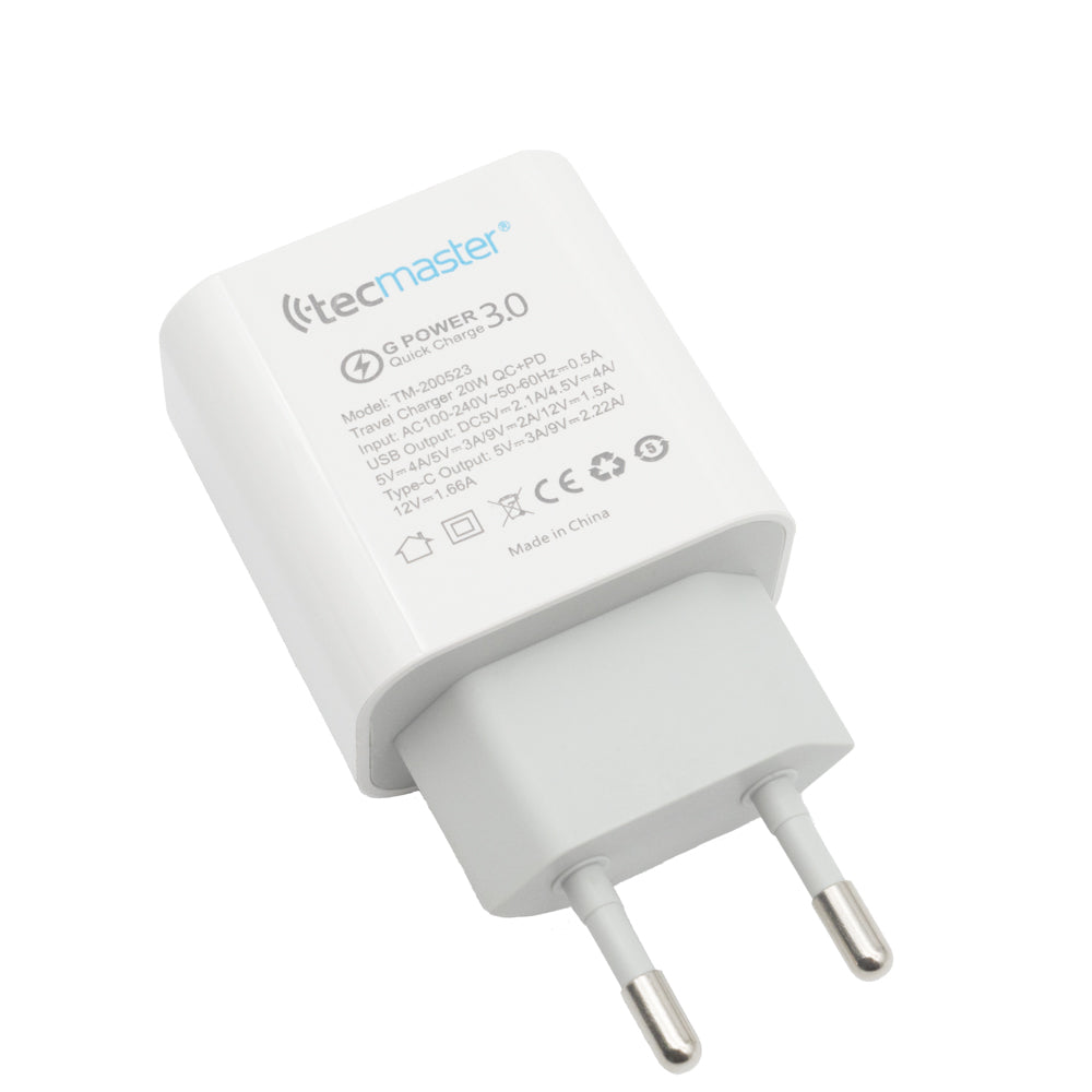 Cargador USB-C Power Delivery 20W + USB Quick Charge 3.0 20W