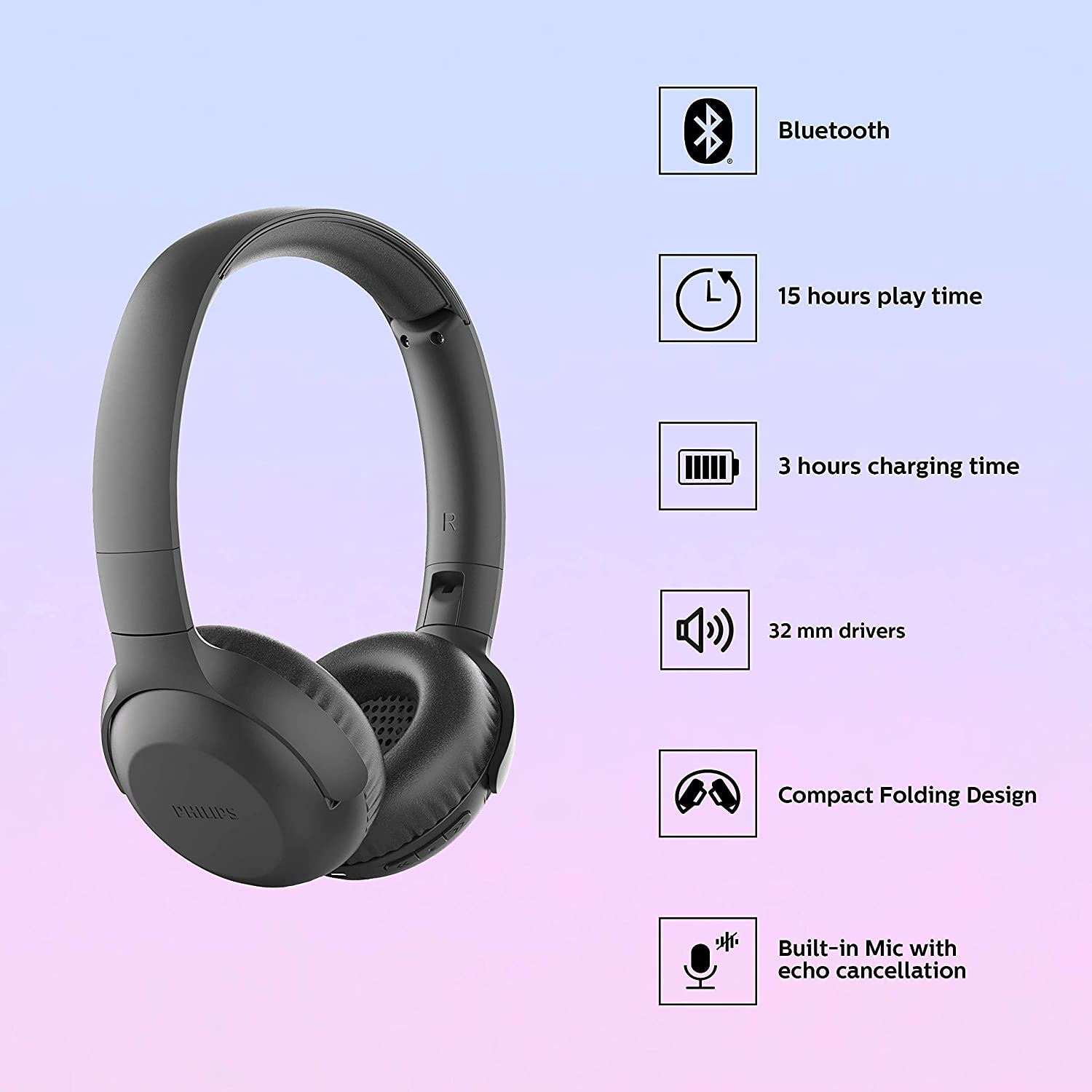 Audífonos Bluetooth Philips Plegable 15h Autonomía TAUH202BK