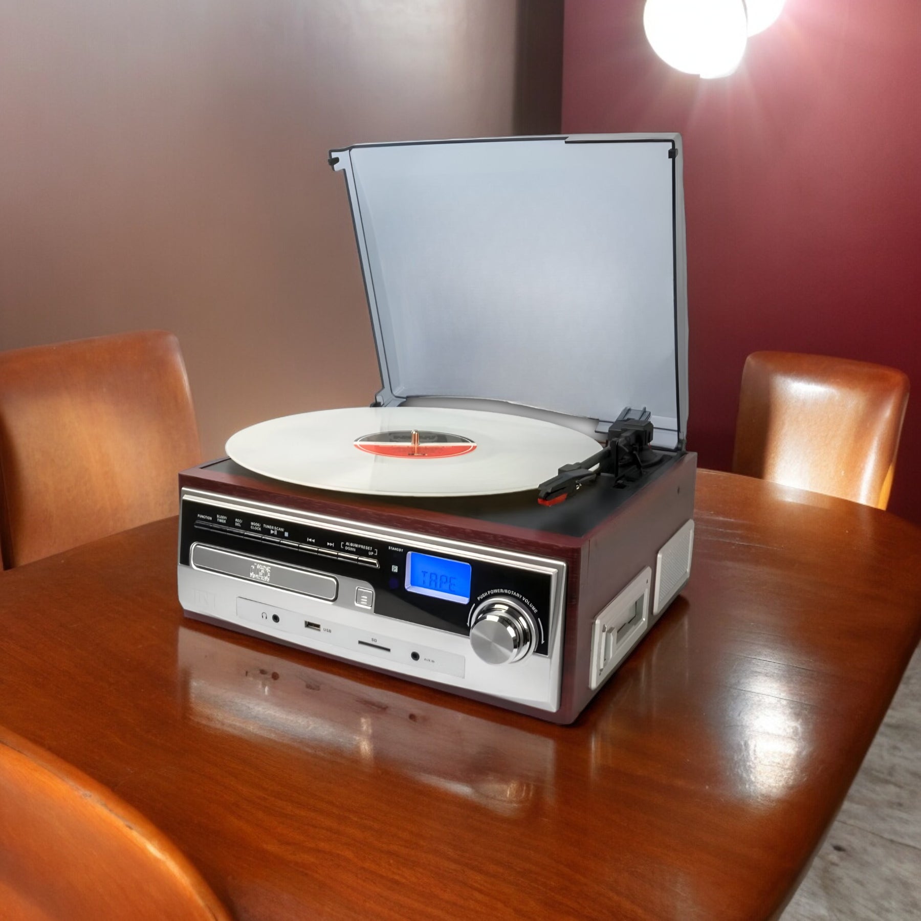 Toca Disco Tornamesa IRT Bluetooth/Aux/Cassette/USB/CD/SD/FM