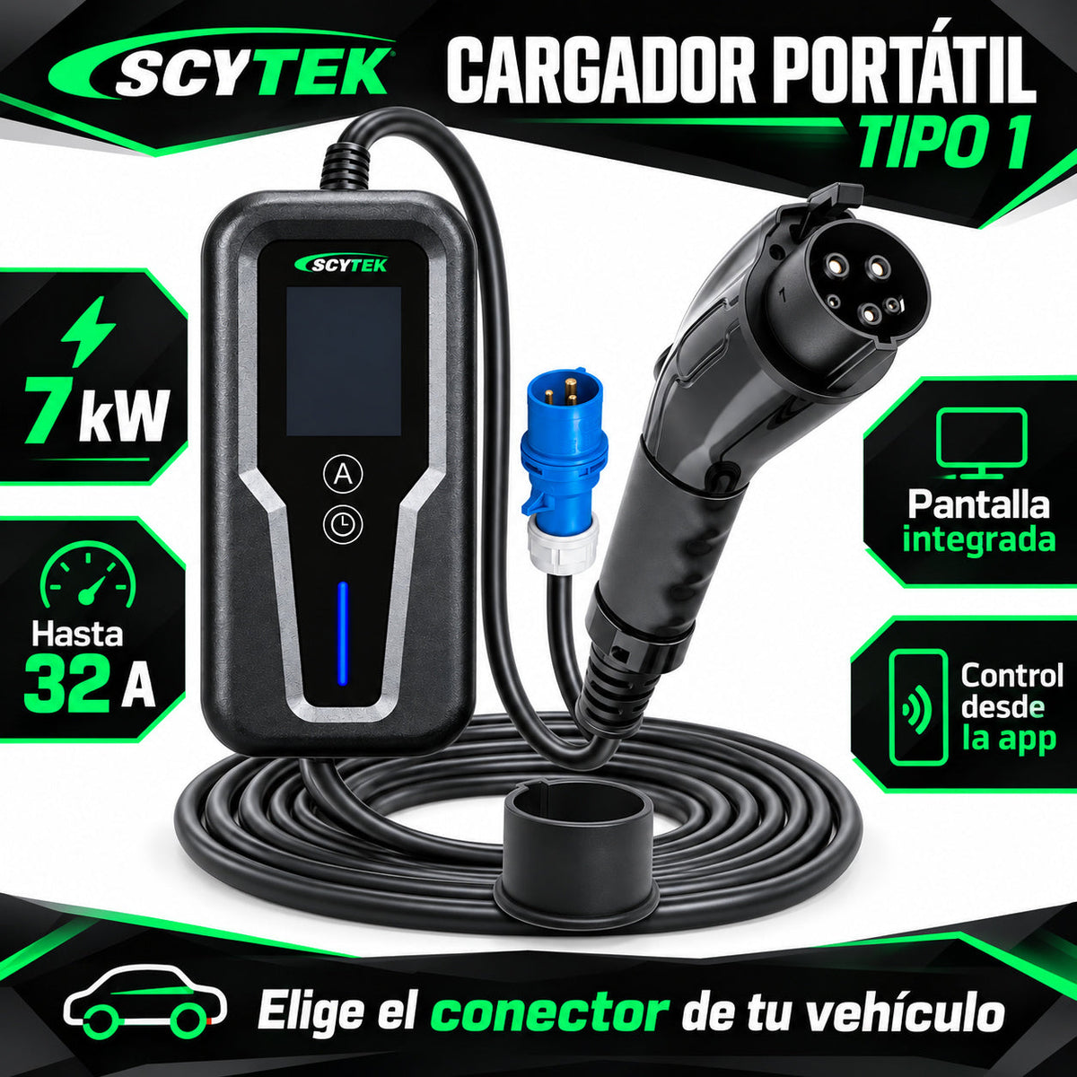 Cargador Auto Eléctrico Portátil Tipo 1 7kW 32A