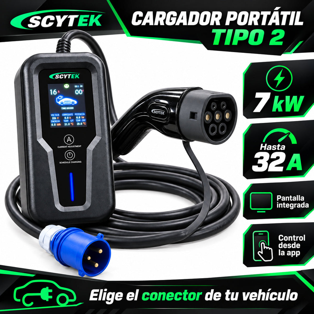 Cargador Auto Eléctrico Portátil Tipo 2 7kW 32A
