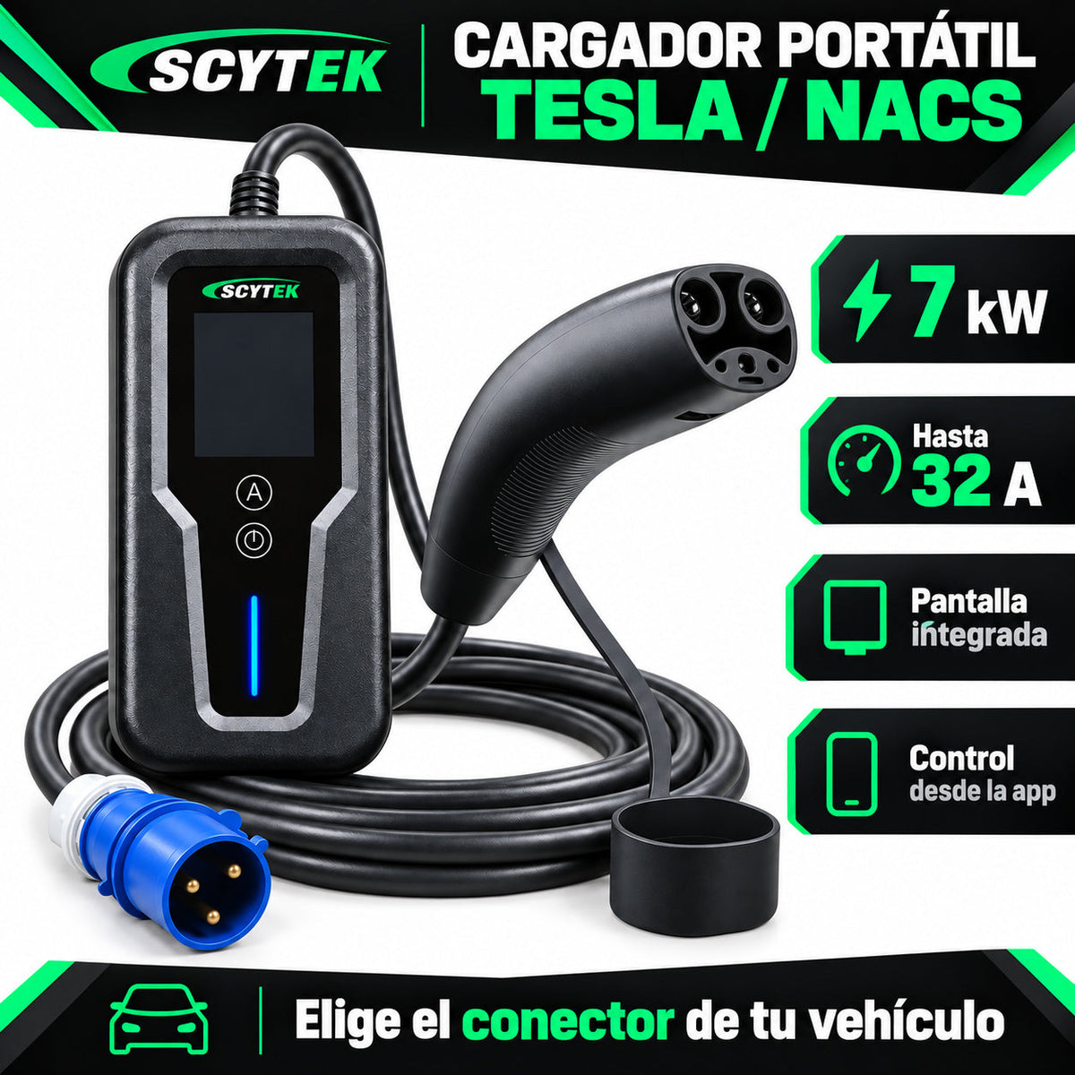 Cargador Auto Eléctrico Portátil Tesla NACS 7kW 32A