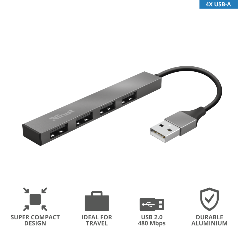 Hub Usb Trust Halyx 4 Puertos Usb 2.0 Flat Aluminium High Speed