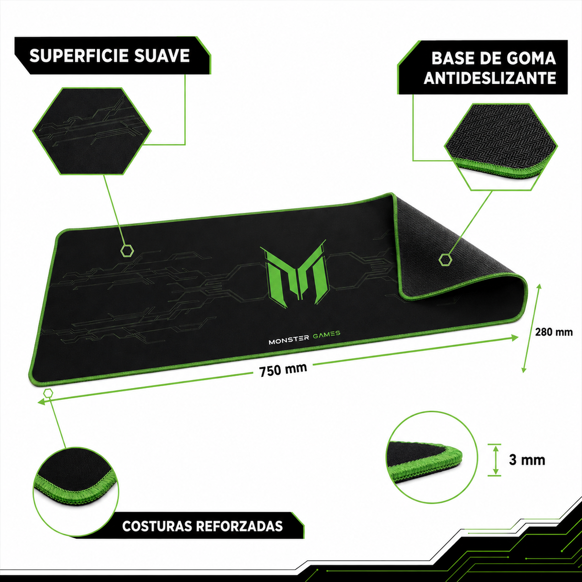 Pad Mouse Gamer XXL Antideslizante 750x28x3mm Monster PA348