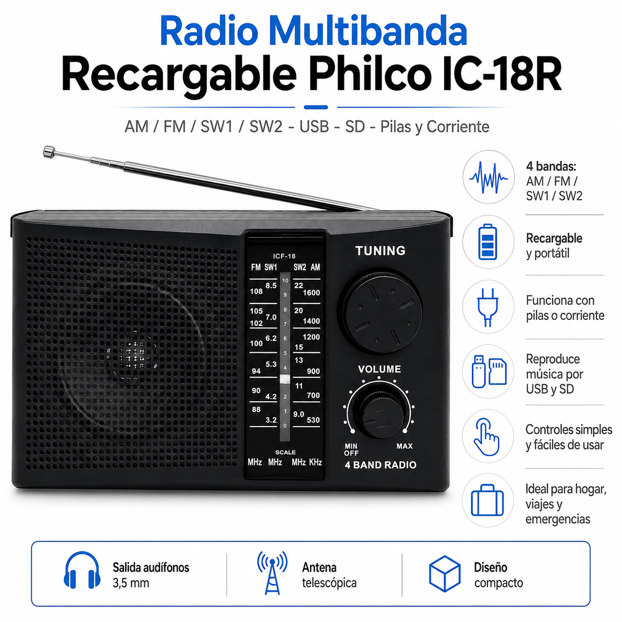 Radio AM / FM Multibandas Recargable a Pilas y Corriente 18R