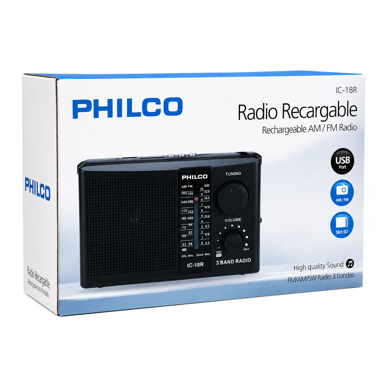 Radio AM / FM Multibandas Recargable a Pilas y Corriente 18R
