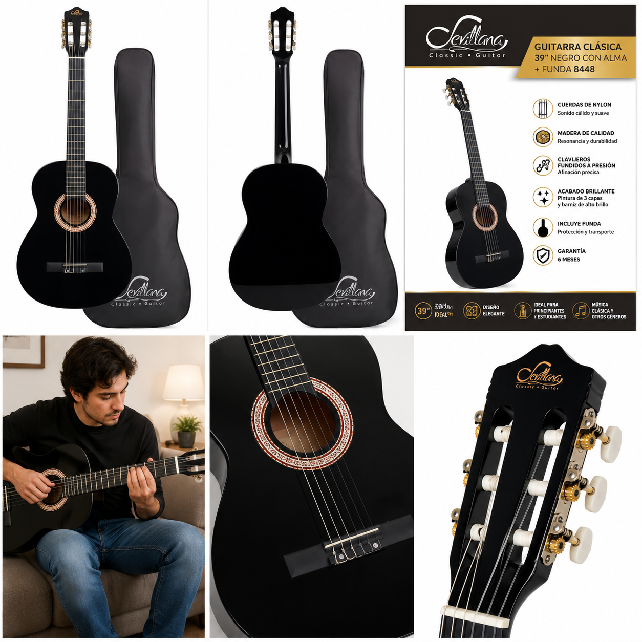 Guitarra Clásica Sevillana 39” Negro con Alma + Funda 8448
