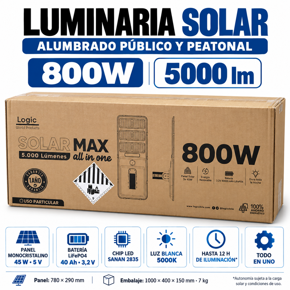 Luminaria Solar Peatonal 800W con Panel de Alta Eficiencia