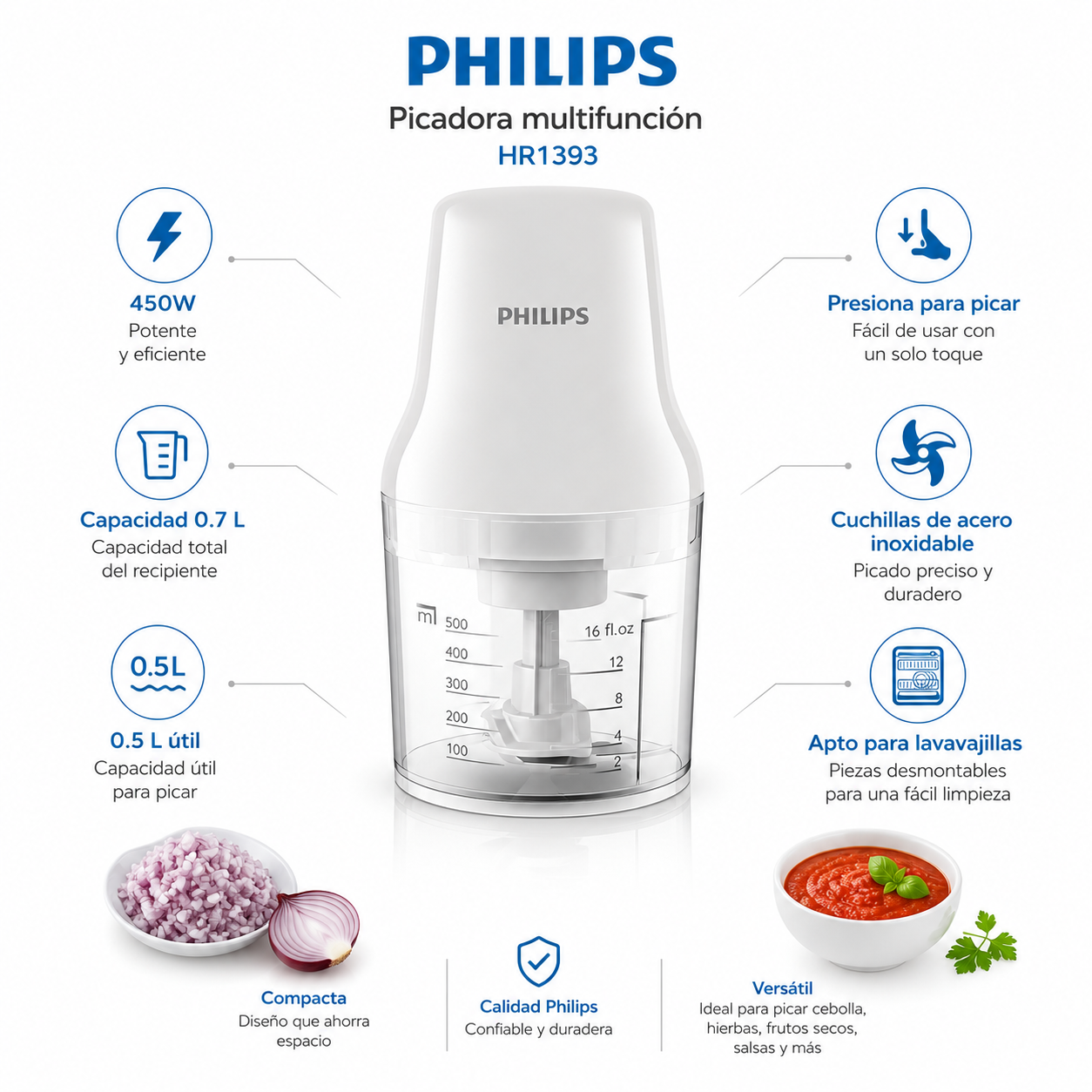 Picadora Philips HR1393 Multifuncional 700ML - 450W - Inox
