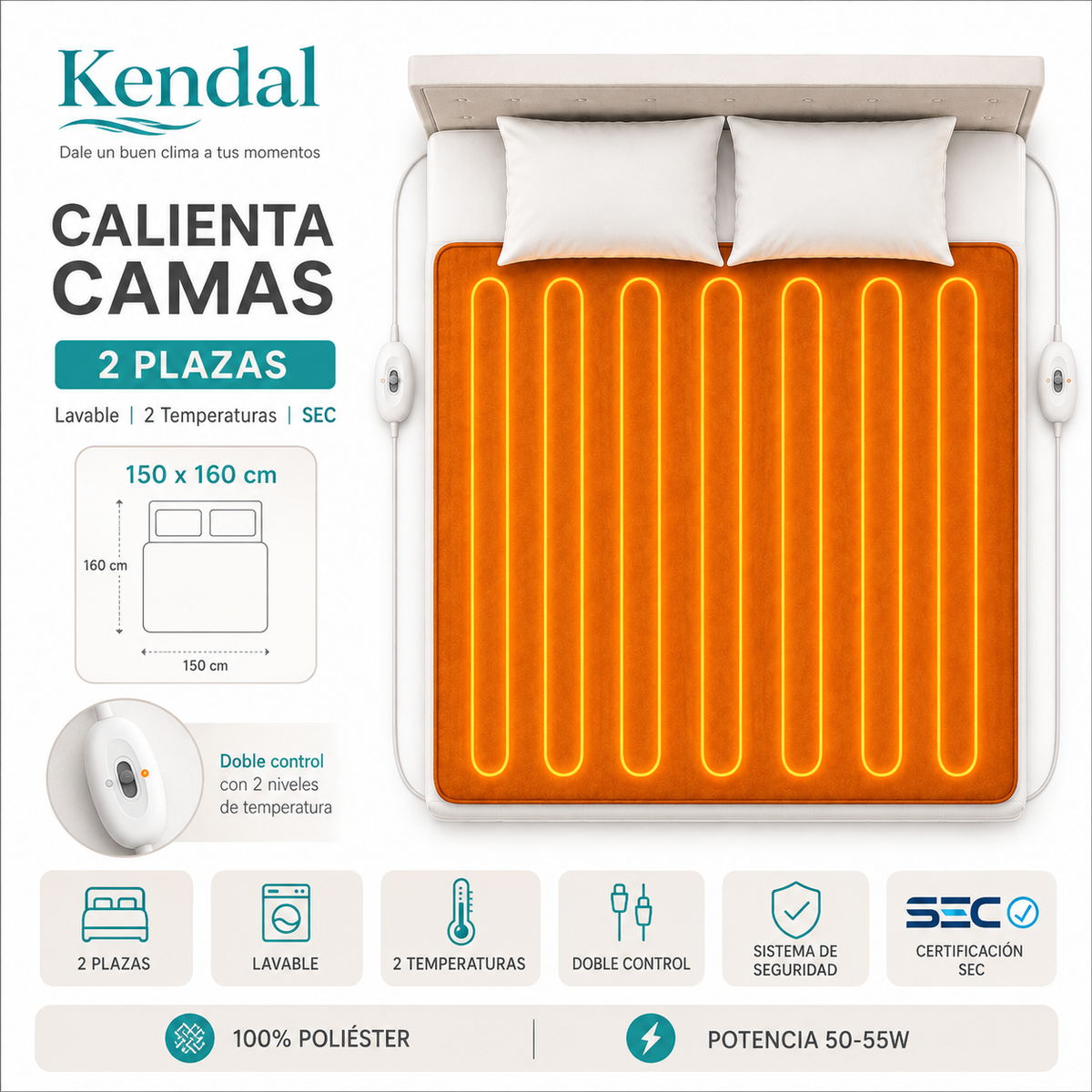 Calienta Camas Kendal 2 Plaza Lavable / 2 Temperaturas / SEC