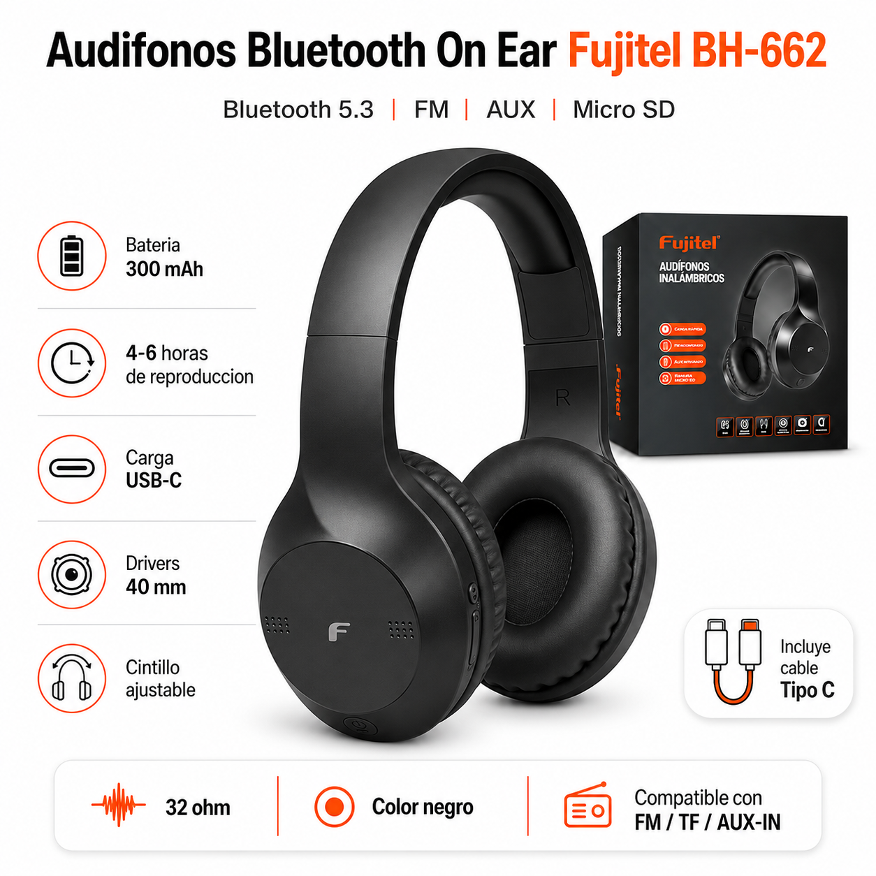 AUDIFONOS FUJITEL BH662 NEGRO BLUETOOTH