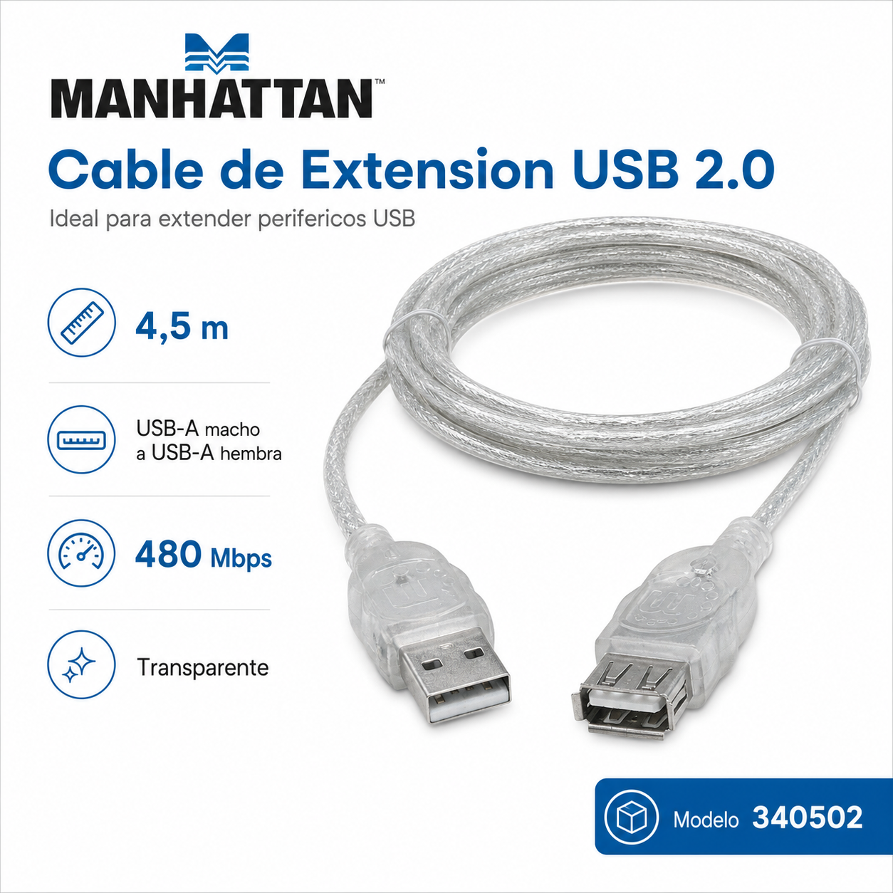 Cable De Datos Extension USB 4.5m Manhattan 340502