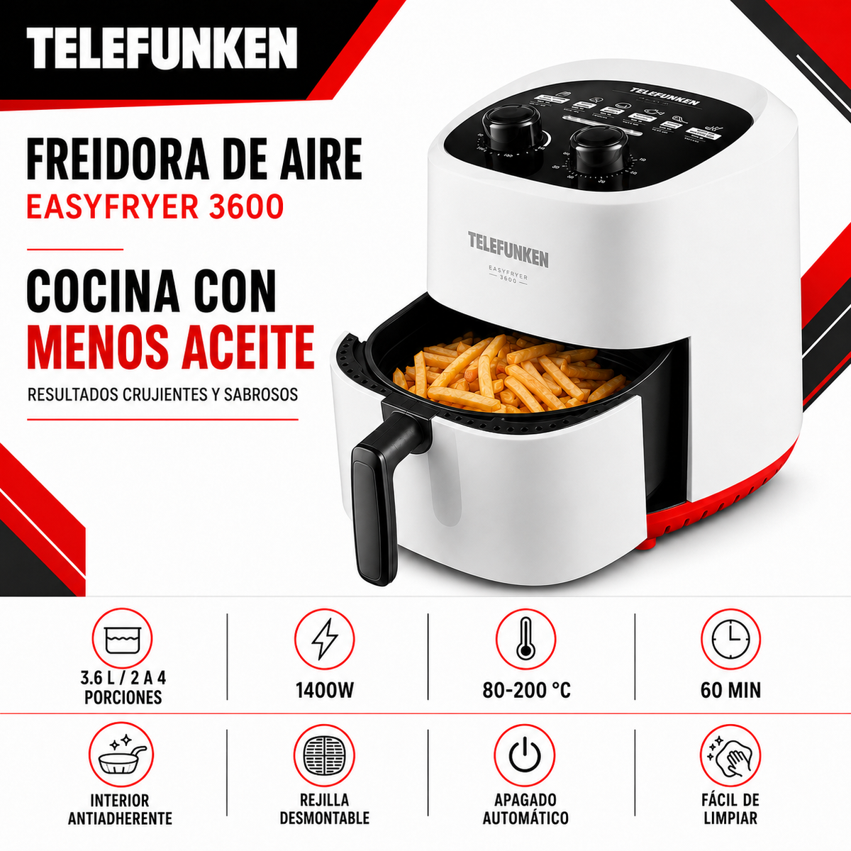Freidora de Aire TELEFUNKEN 1400w EasyFryer 3.6 LT 200° Max