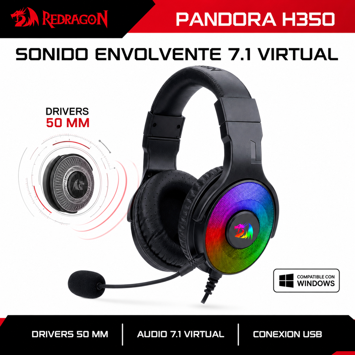 Audifonos USB Redragon Pandora Audio 7.1 Envolvente Multiplataformas