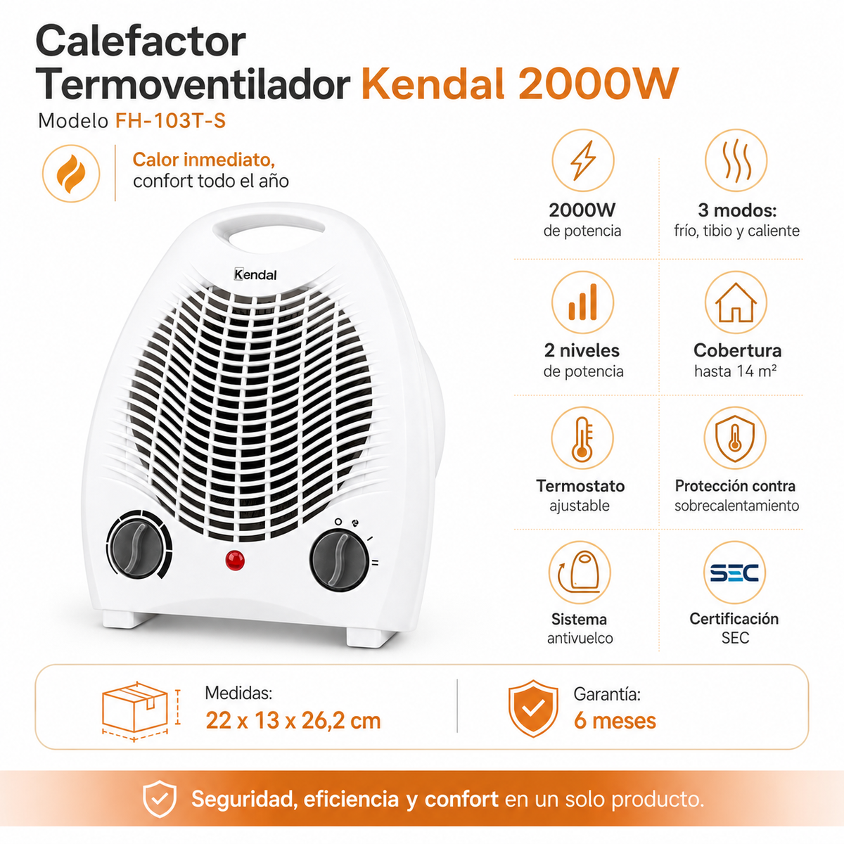 Calefactor Kendal 2000W FH-103T Termoventilador hasta 14m2