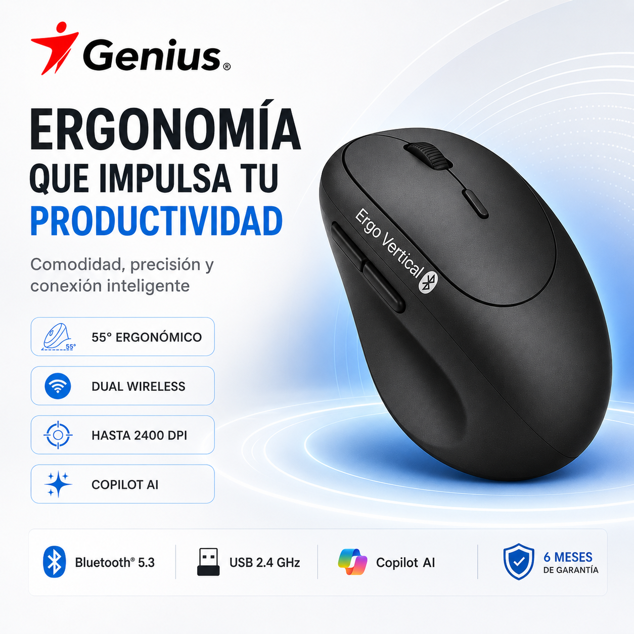 Mouse Vertical Ergonomic Dual Wireless BT+2.4G + Copilot AI