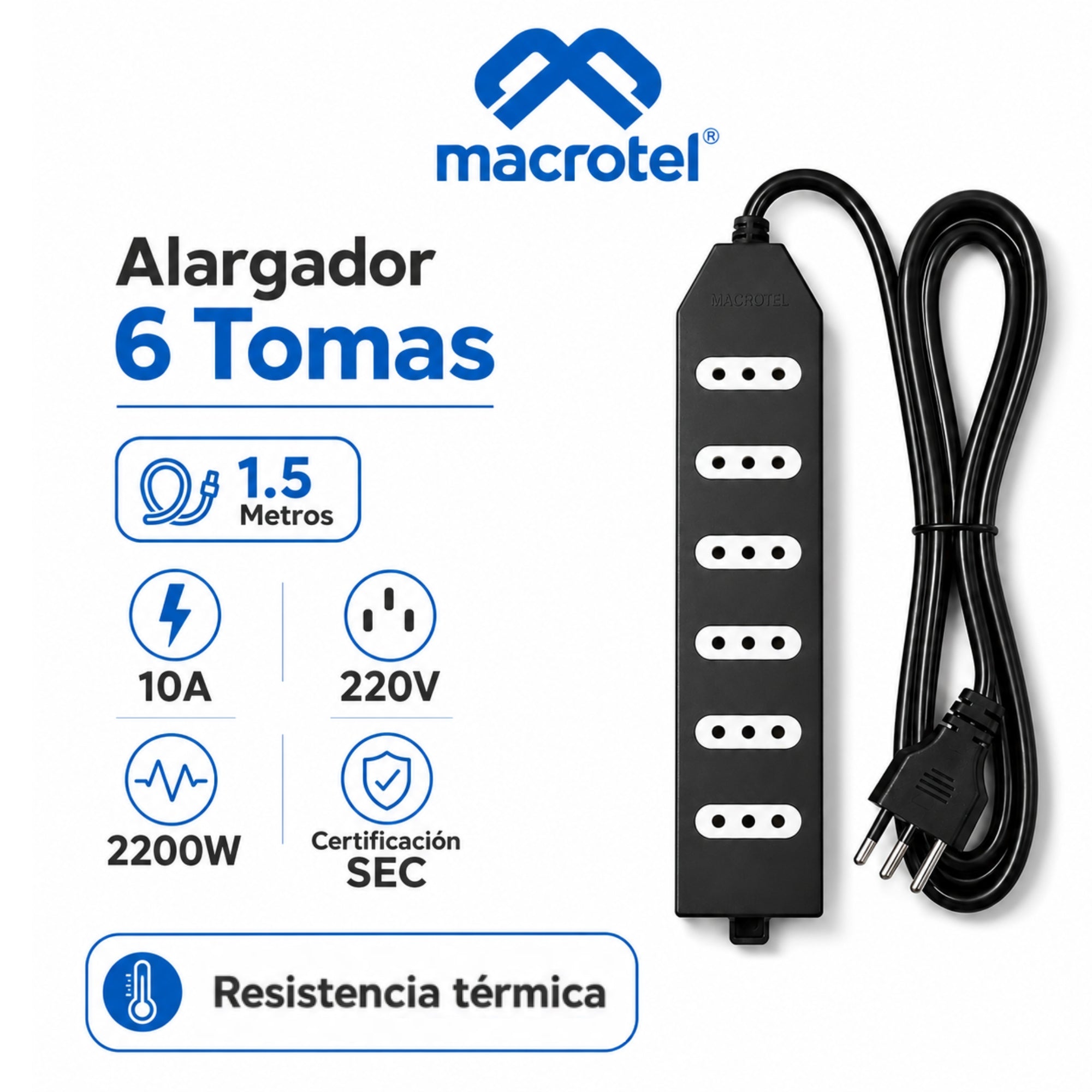 Alargador 1.5M Certificado con 6 Tomas de Corriente ME-206B1