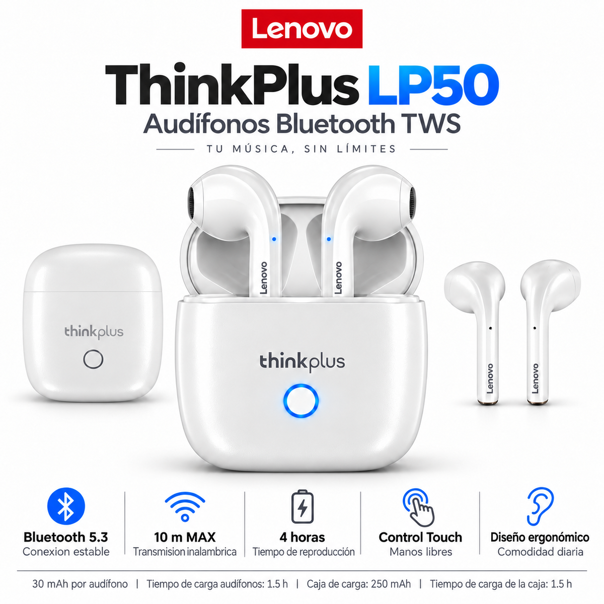 Audífonos Bluetooth TWS Lenovo ThinkPlus LivePods LP50 Touch