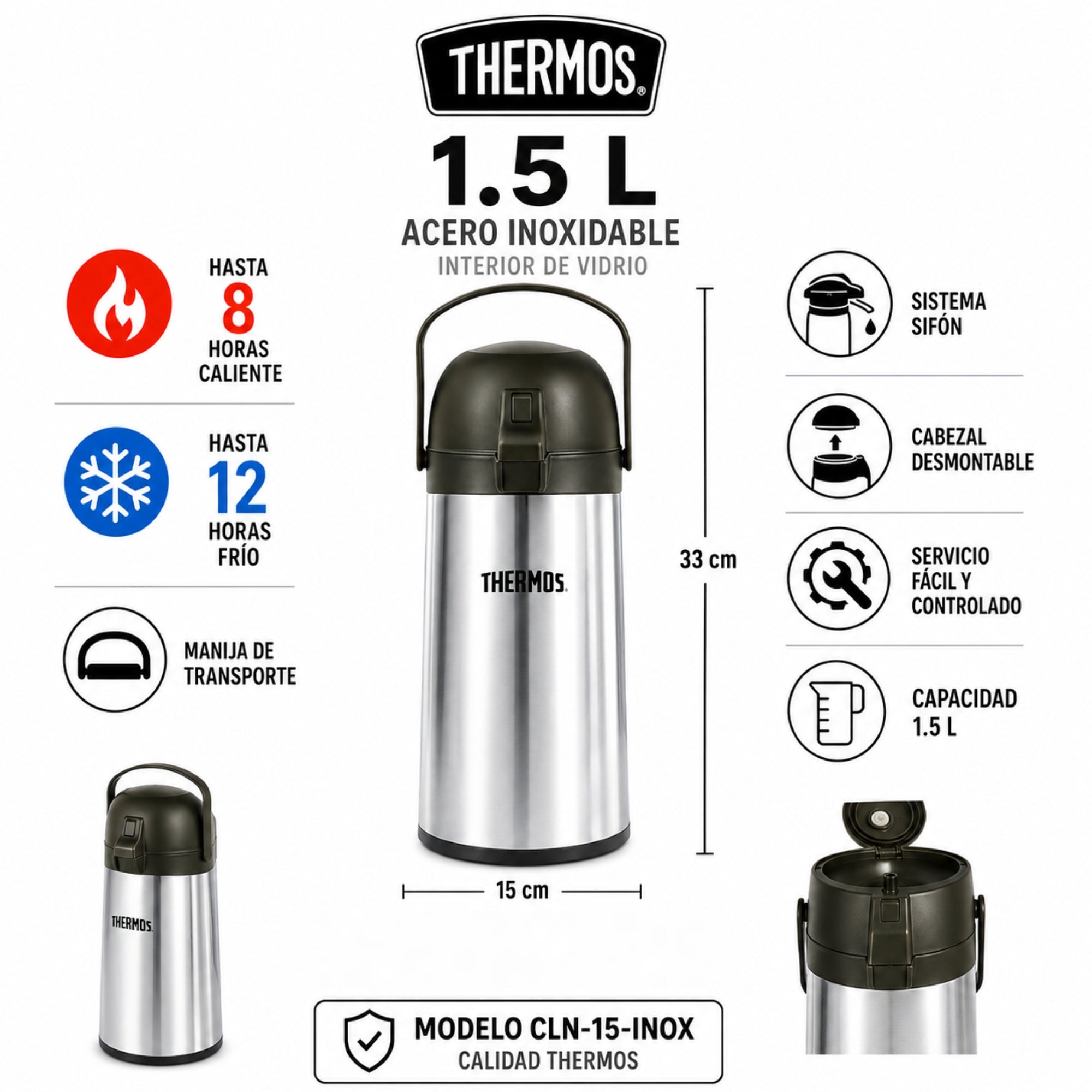 Termo de Acero Inoxidable con SIFÓN 1.5L THERMOS CLN-15-INOX