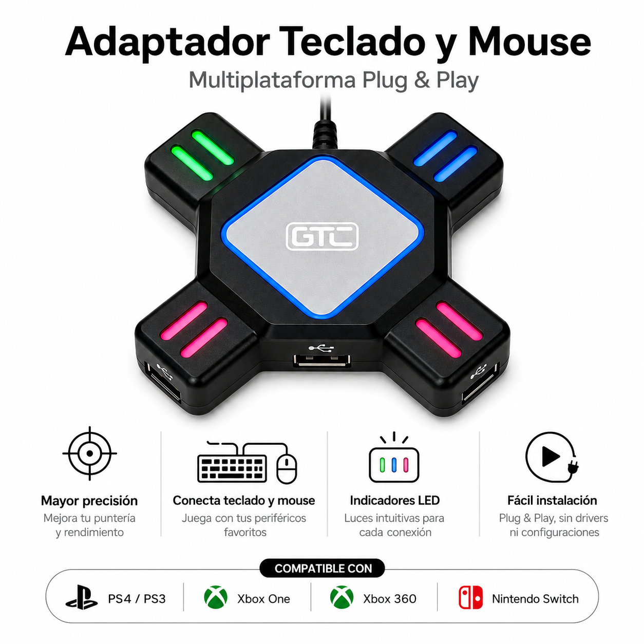Hub Adaptador de Consolas para Teclado-Mouse Multiplataforma