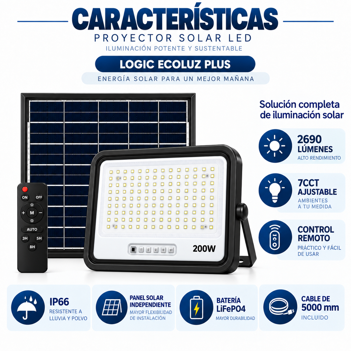 Proyector LED 200W con Panel Solar Independiente + Cable 5MT