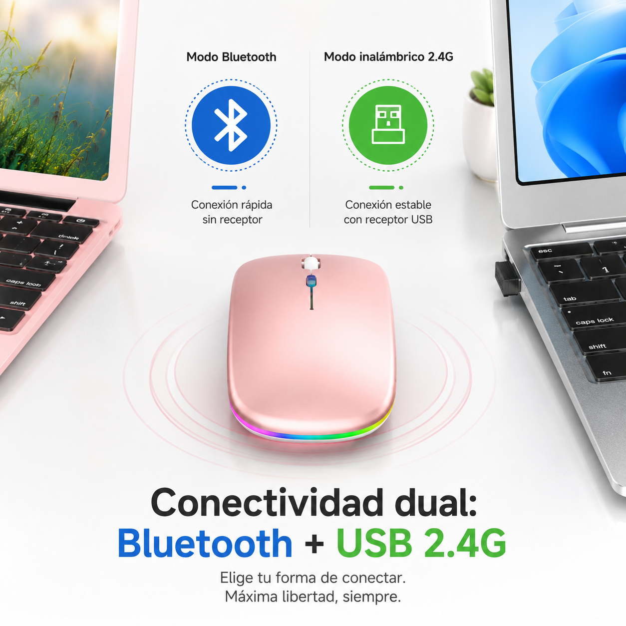 Mouse Dual Inalámbrico Rosado Recargable Bluetooth + USB 2G