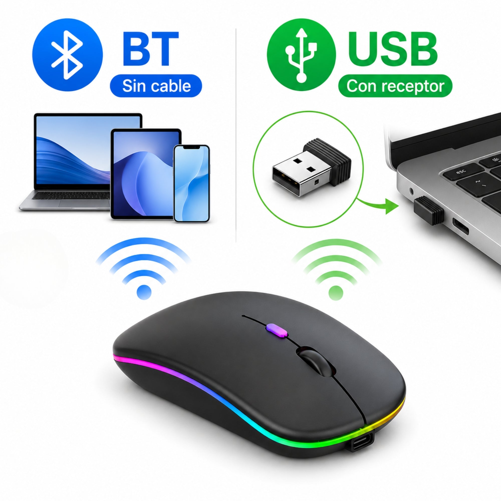 Mouse Inalámbrico Dual Bluetooth + USB 2G Recargable RGB BK