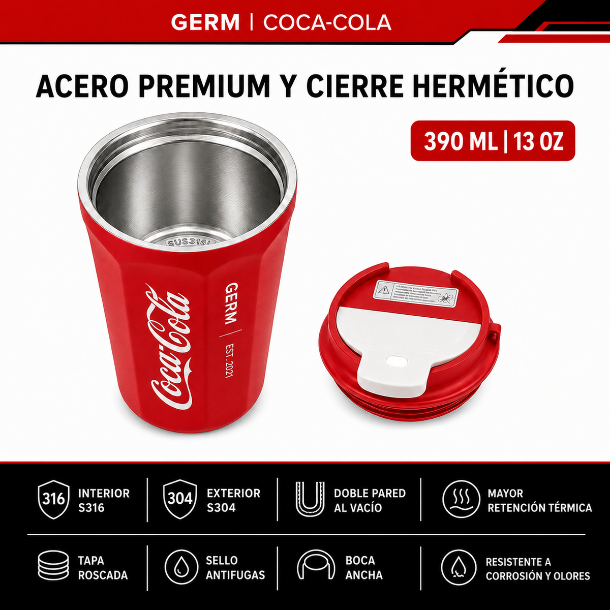 Vaso Termico MUG Germ Coca-Cola Acero Inoxidable 390ML Red