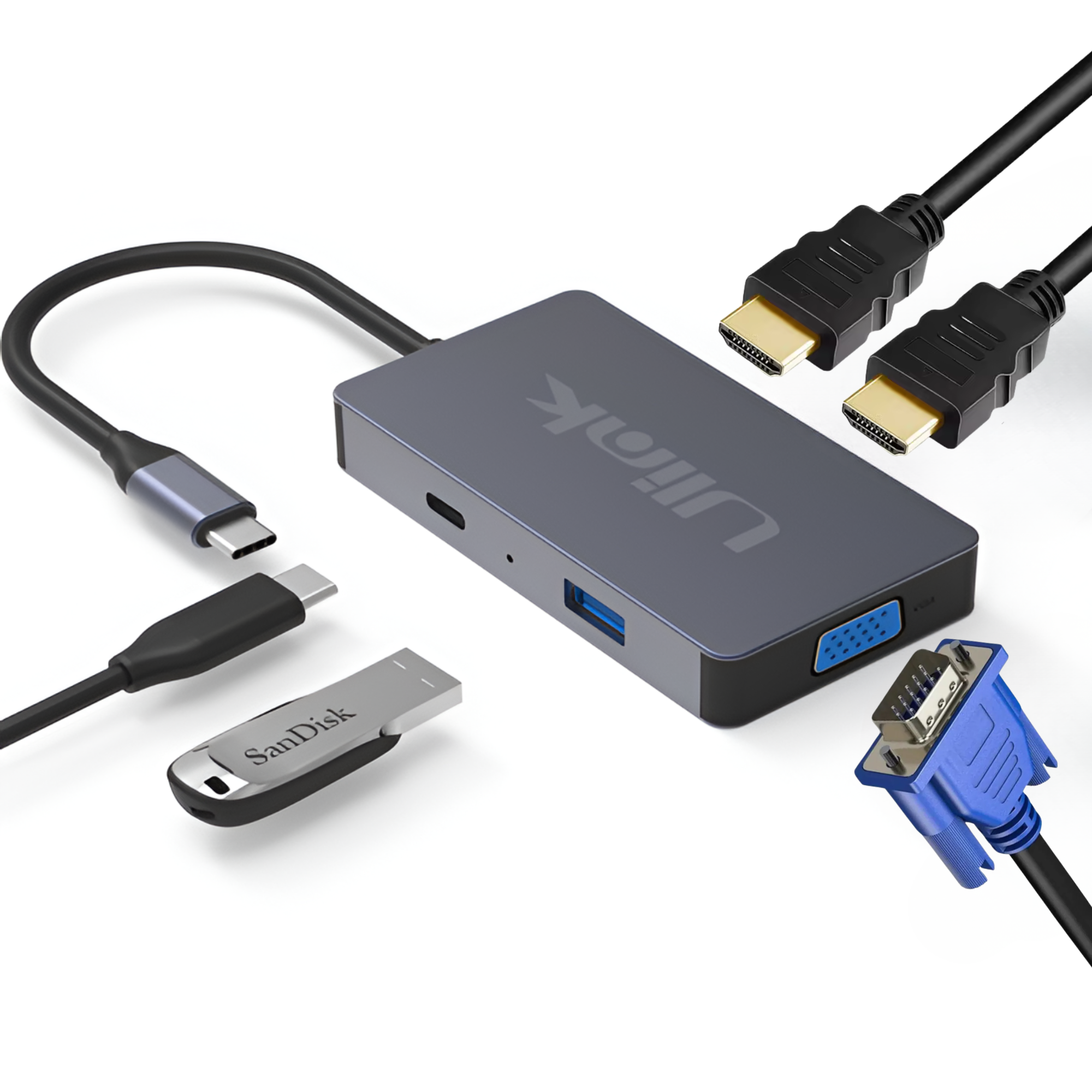 Hub Adaptador Type-C (5en1) 4K HDMI X2/ VGA/ Type-C/ USB 3.0