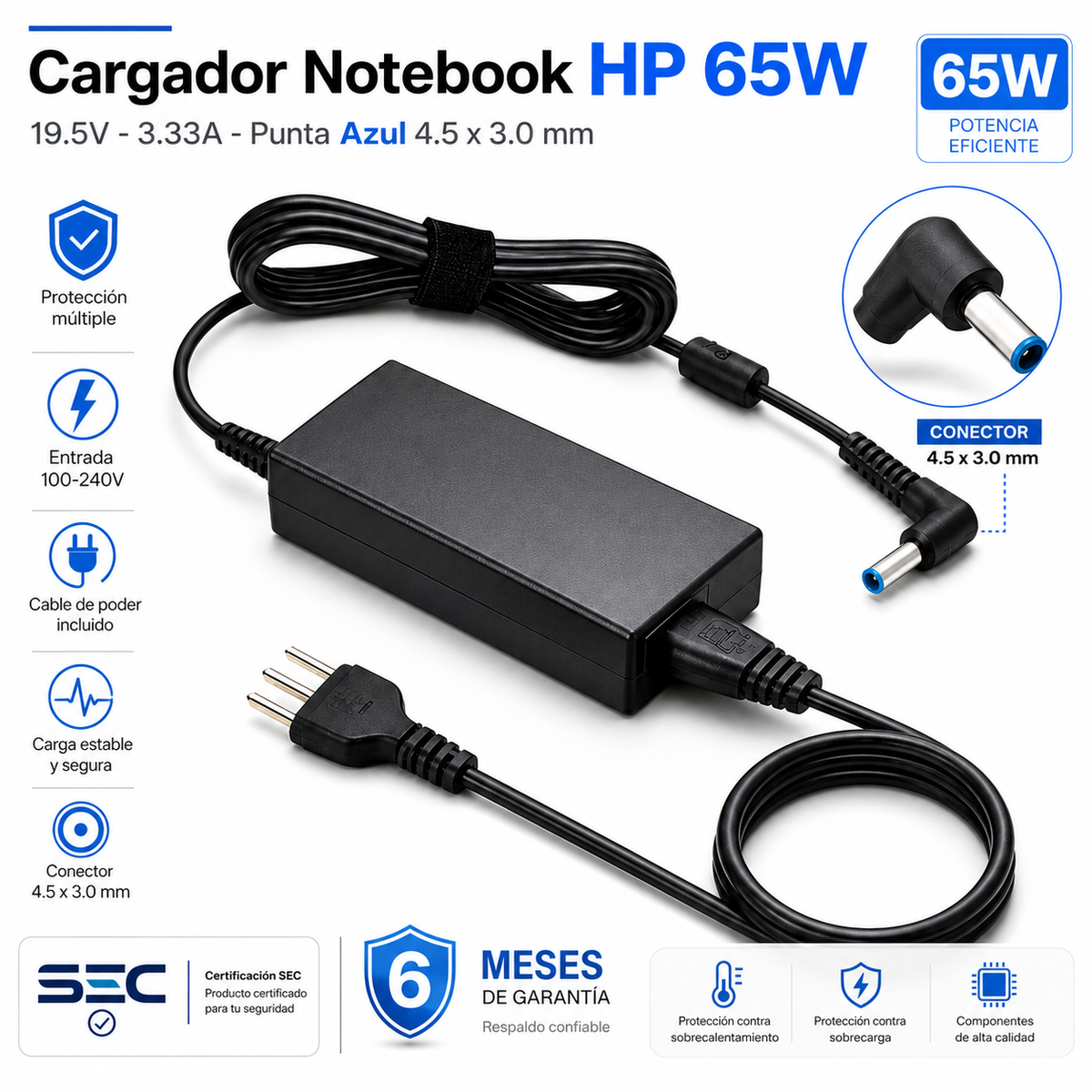 Cargador Notebook Para HP 19.5V 3.33A Pin Azul 4.5*3.0mm 65W