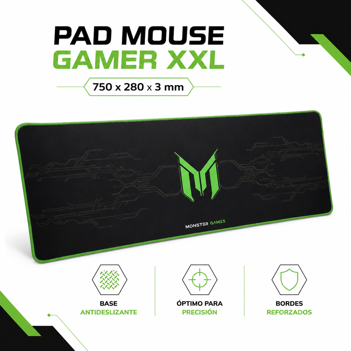 Pad Mouse Gamer XXL Antideslizante 750x28x3mm Monster PA348