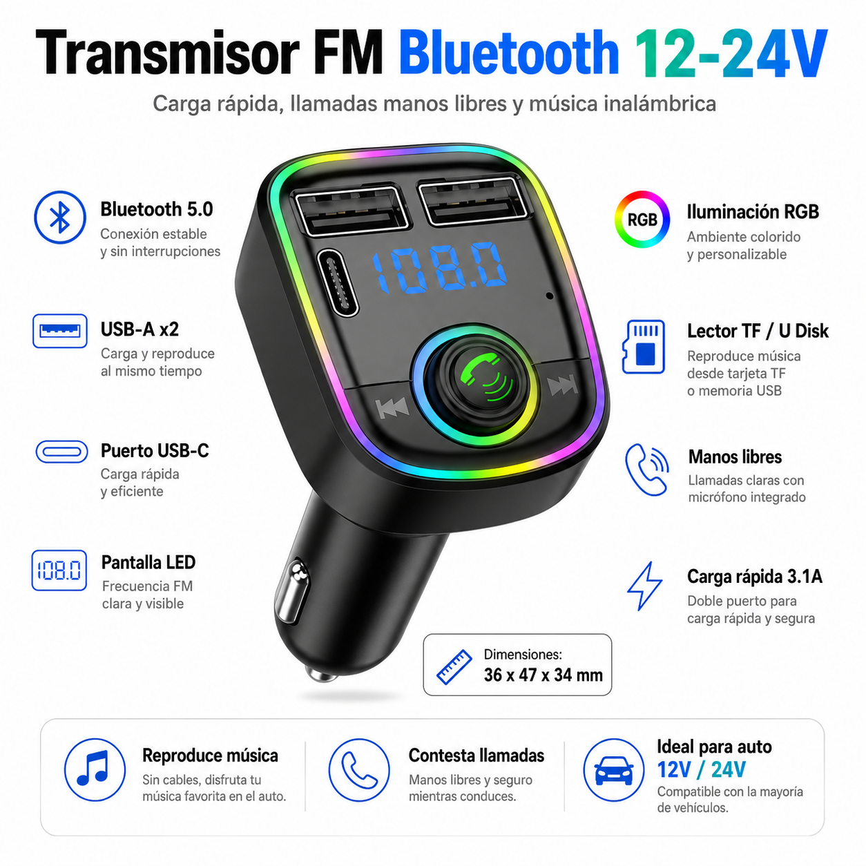Transmisor FM Bluetooth + Puerto Quick Charge 20W 12/24V RGB