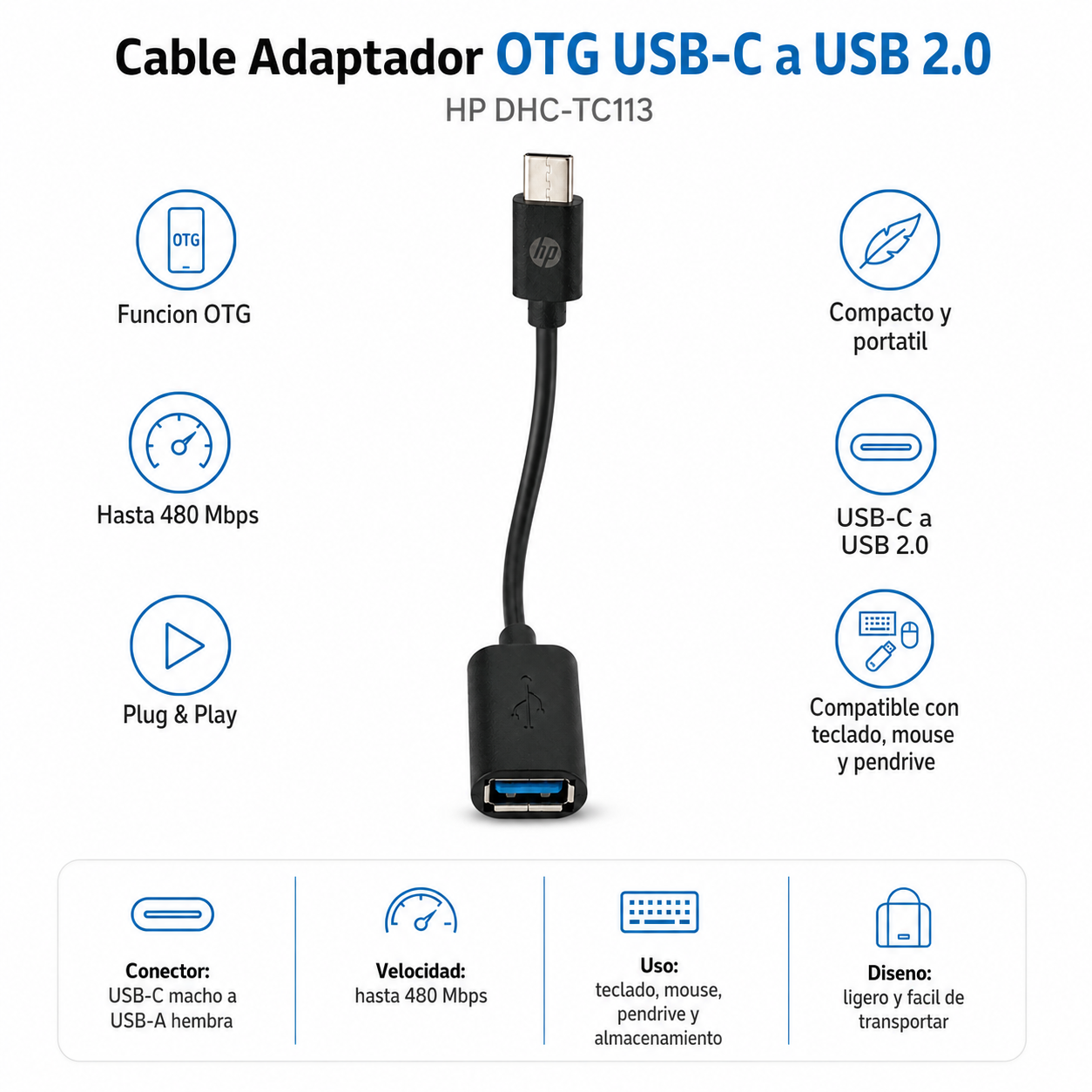 Cable Adaptador OTG USB-C a USB 2.0 HP DHC-TC113
