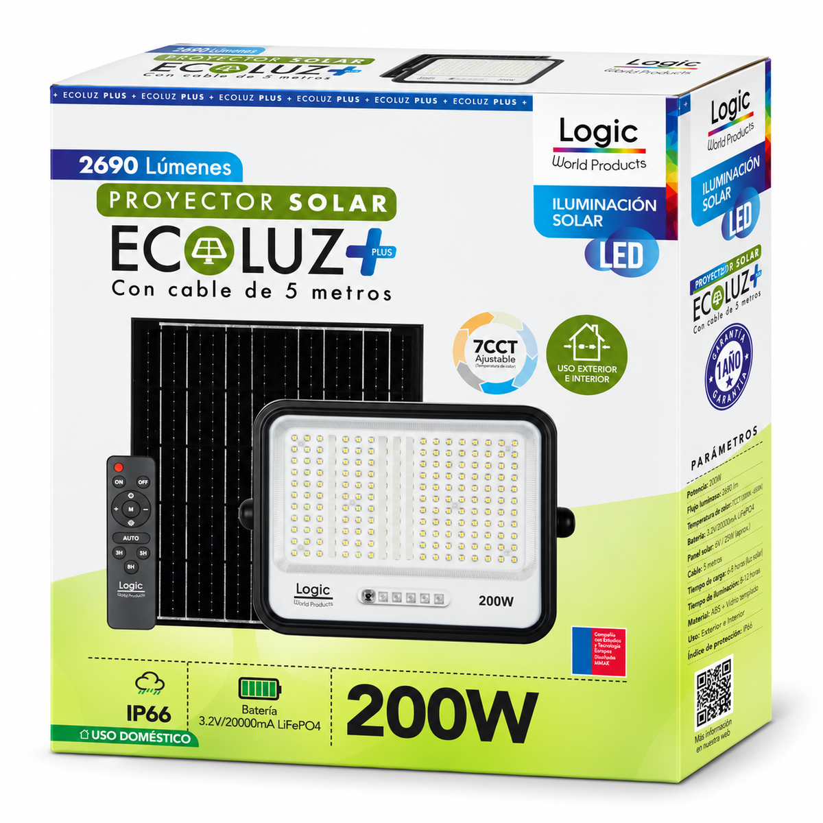 Proyector LED 200W con Panel Solar Independiente + Cable 5MT