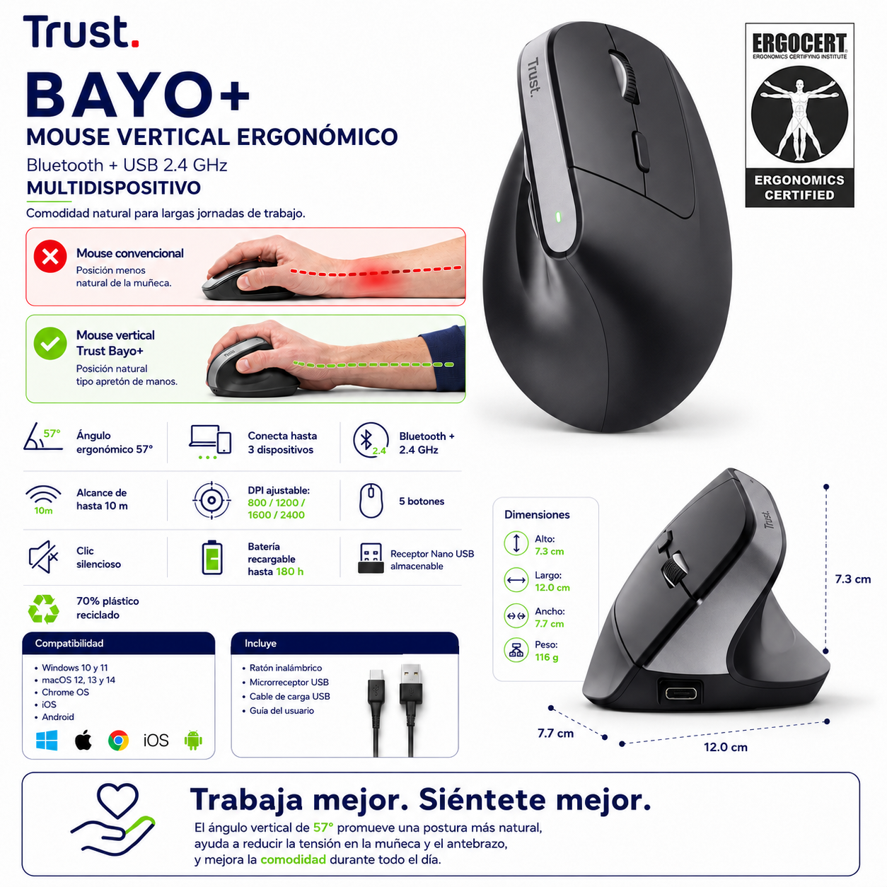 Mouse Inalámbrico Vertical Ergonómico Bayo+ Bluetooth / USB