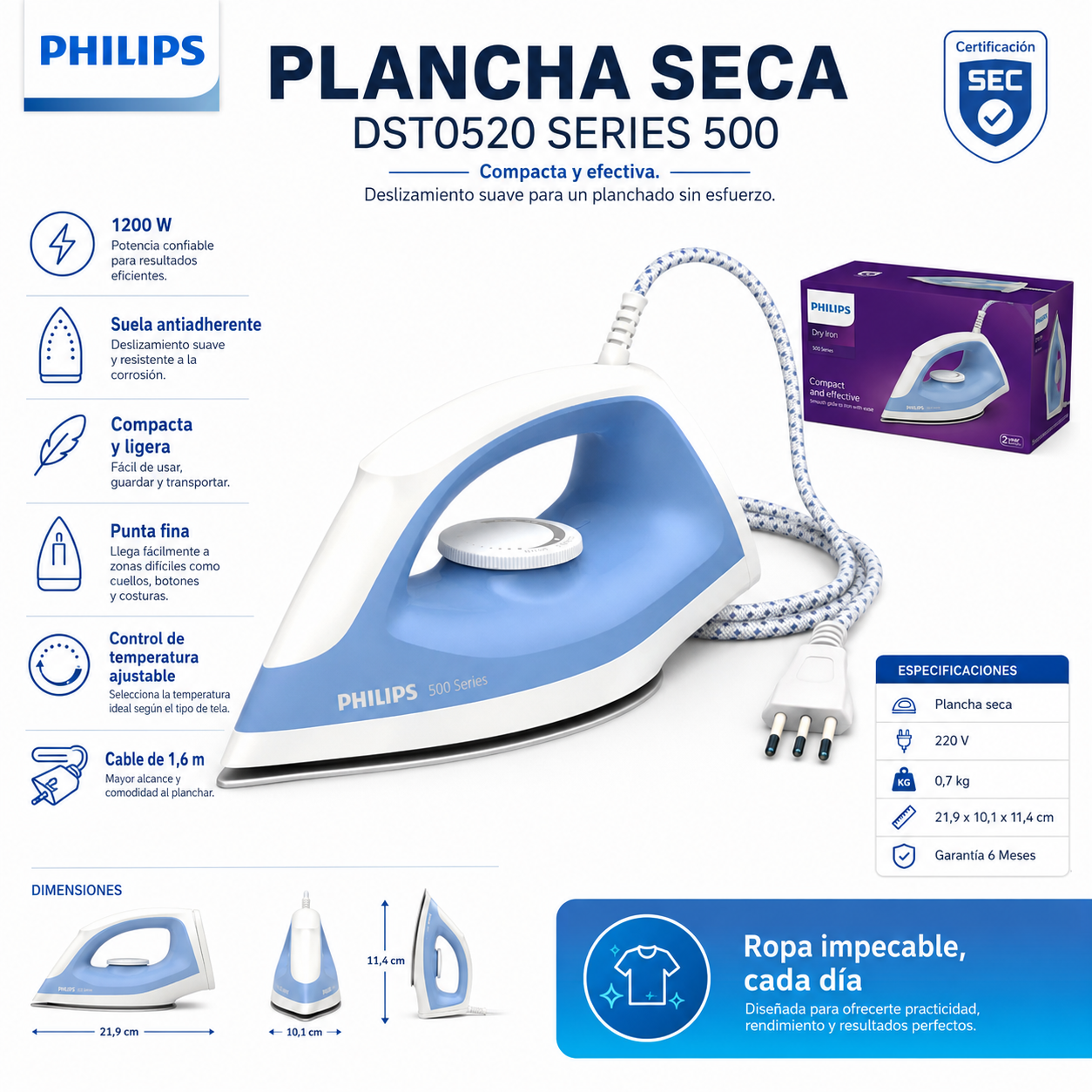 Plancha de Ropa Philips Dry Iron 1200W DST0520 SERIE 500
