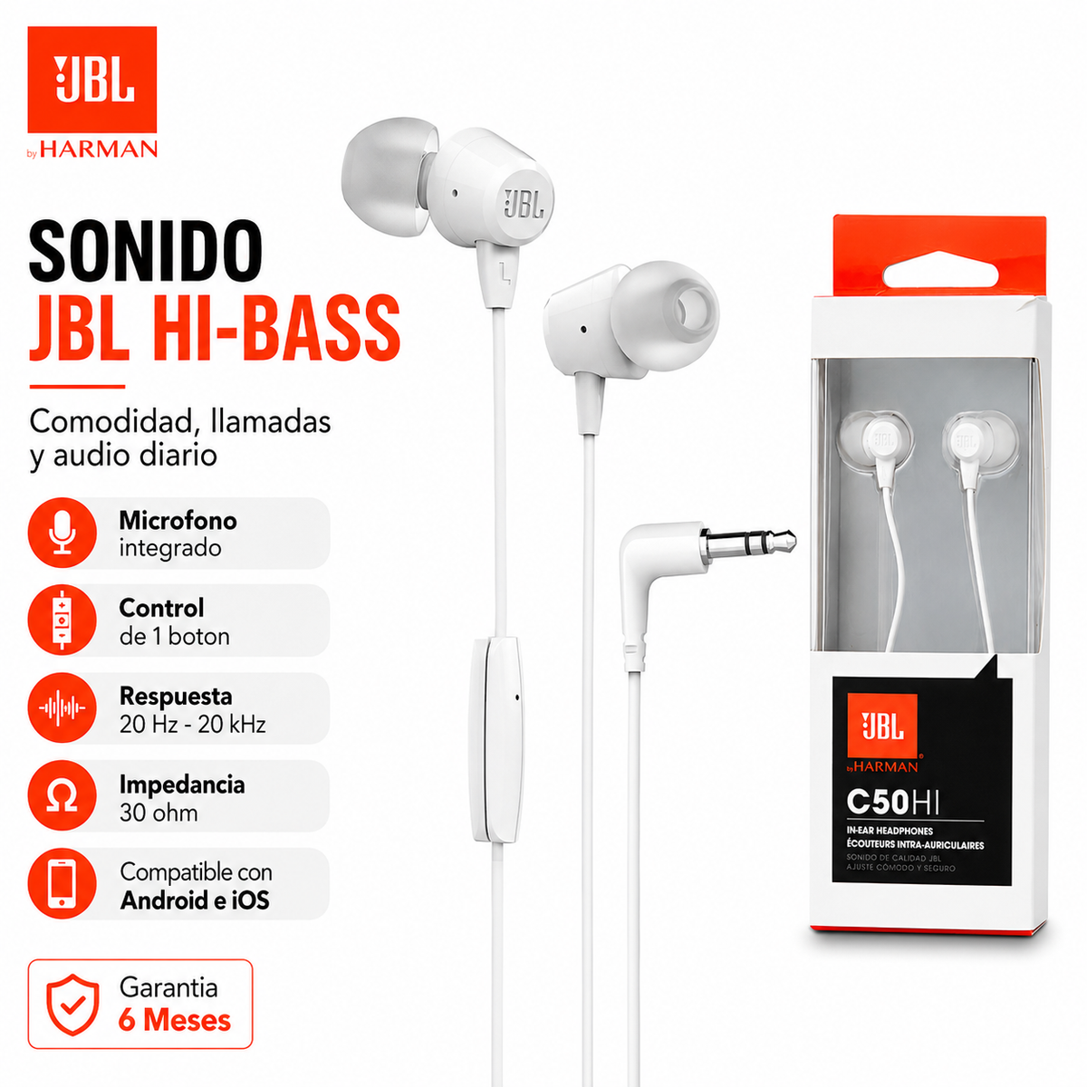 Audifono JBL In Ear con Manos Libre Harman C50 Hi Bass White