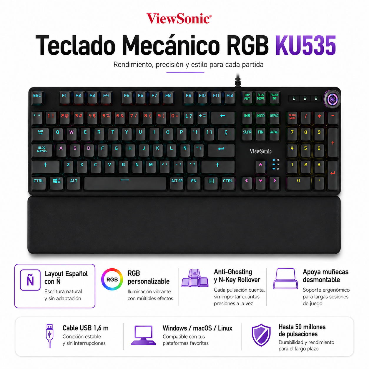 Teclado Mecánico RGB con apoya Muñecas Gamer KU535 ViewSonic