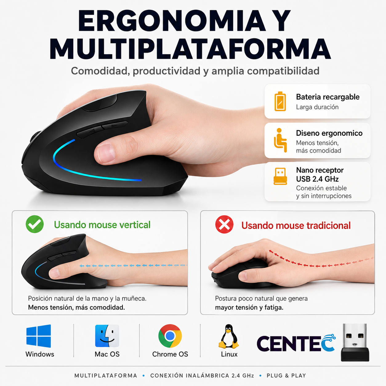 Mouse Vertical Inalámbrico Ergonómico Recargable 2.4 Ghz Pro