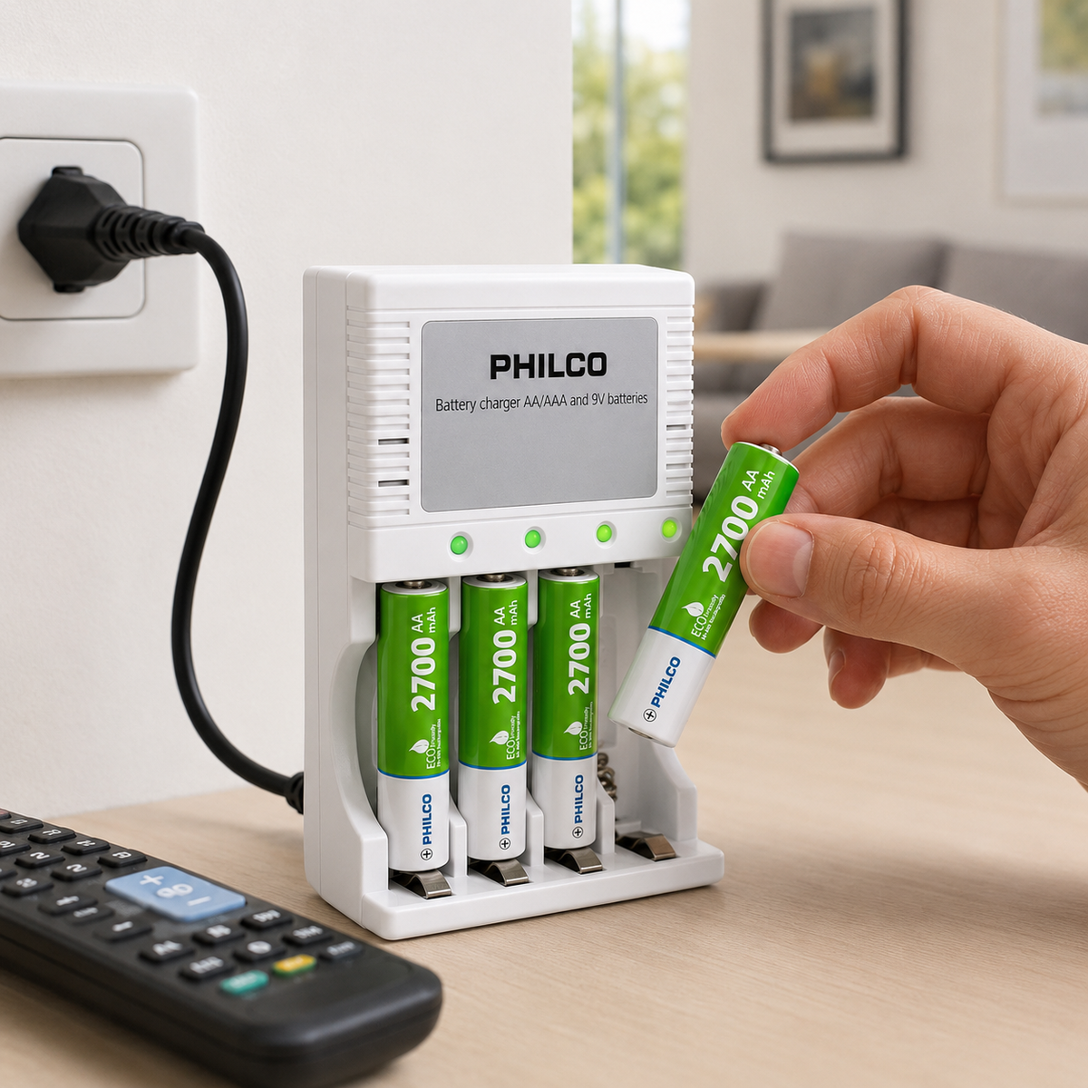 Cargador De Pilas + 4 Pilas AA 2700 mAh Pre Cargadas Philco