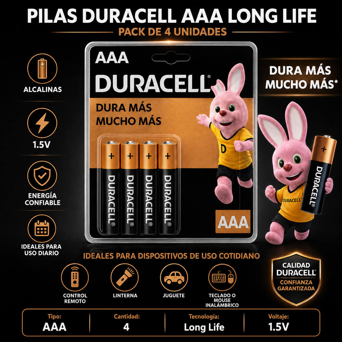 Pack de 4 Pilas Duracell AAA Blister Long Life